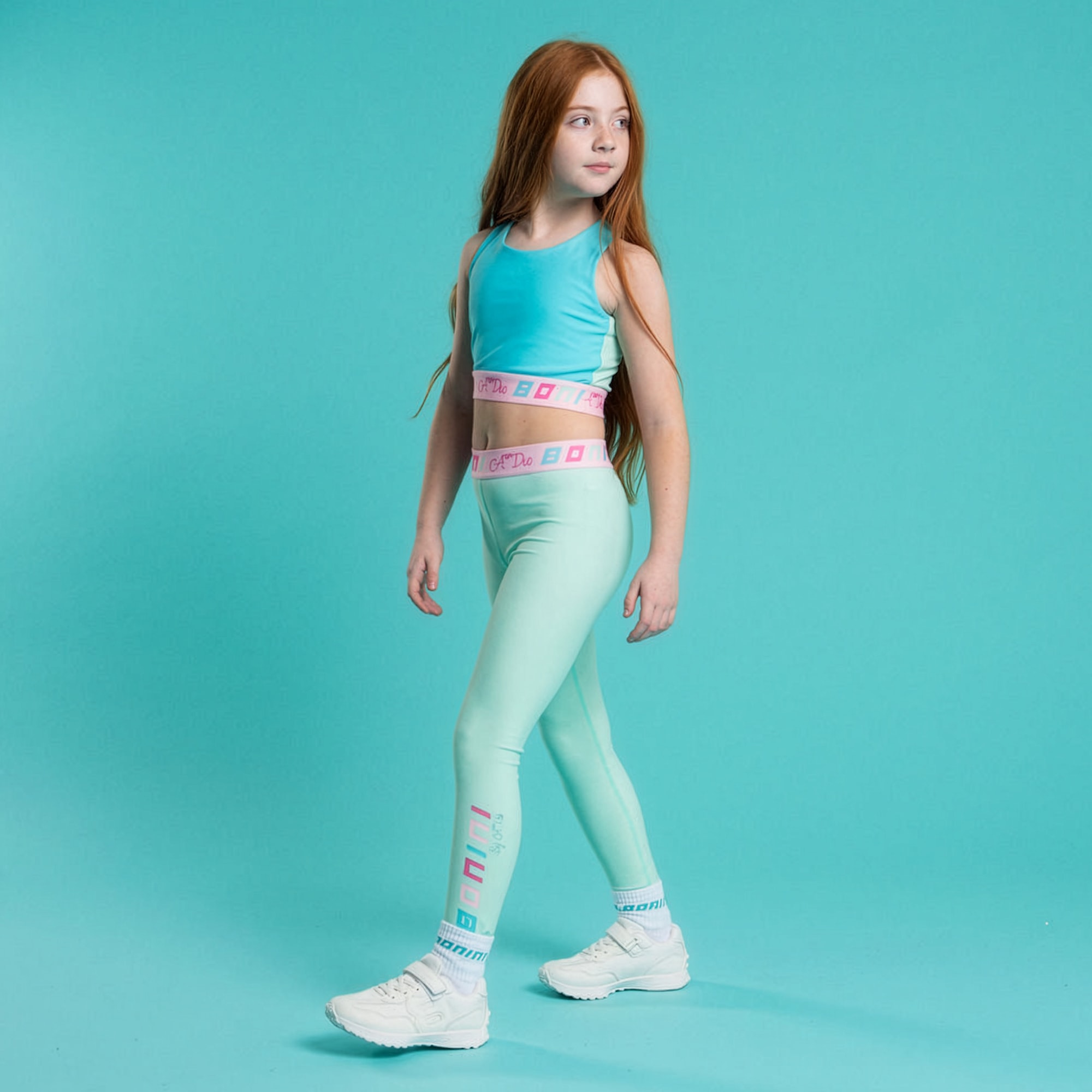 Girls Mint Green Leggings with Branded Waistband - View 2