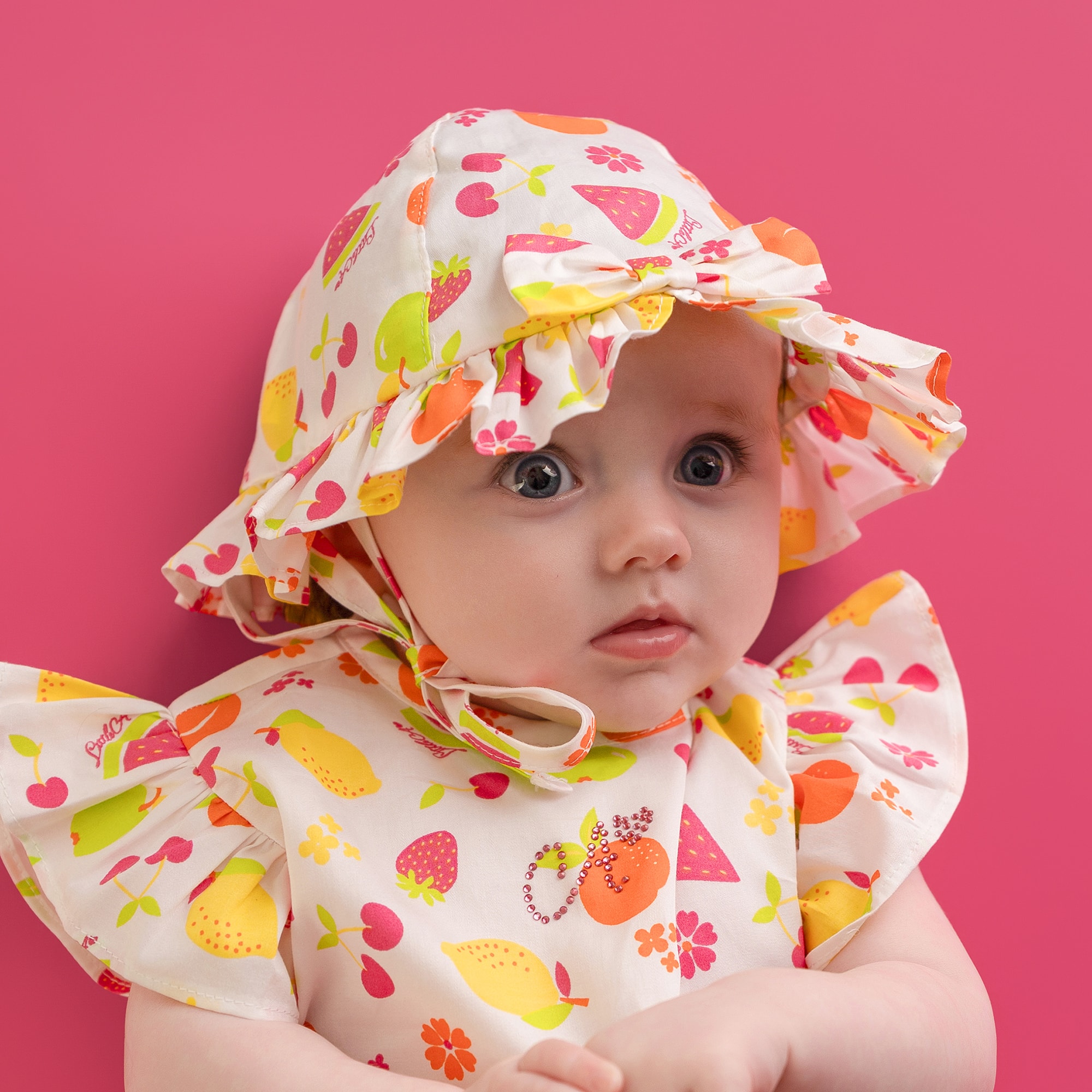 Girls White Cotton Fruit Print Sun Hat - View 2