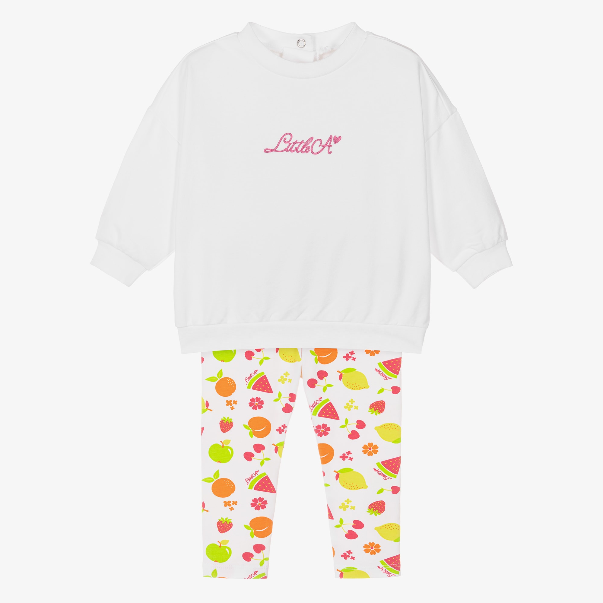 Girls White Cotton Logo Leggings Set with Fruit Print - View 1