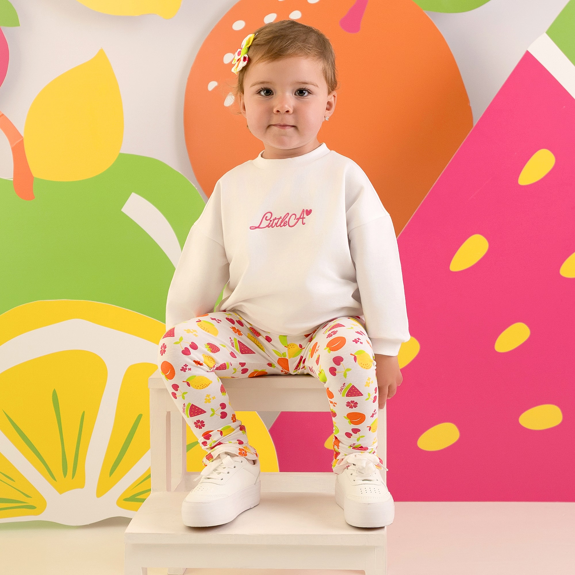 Girls White Cotton Logo Leggings Set with Fruit Print - View 2