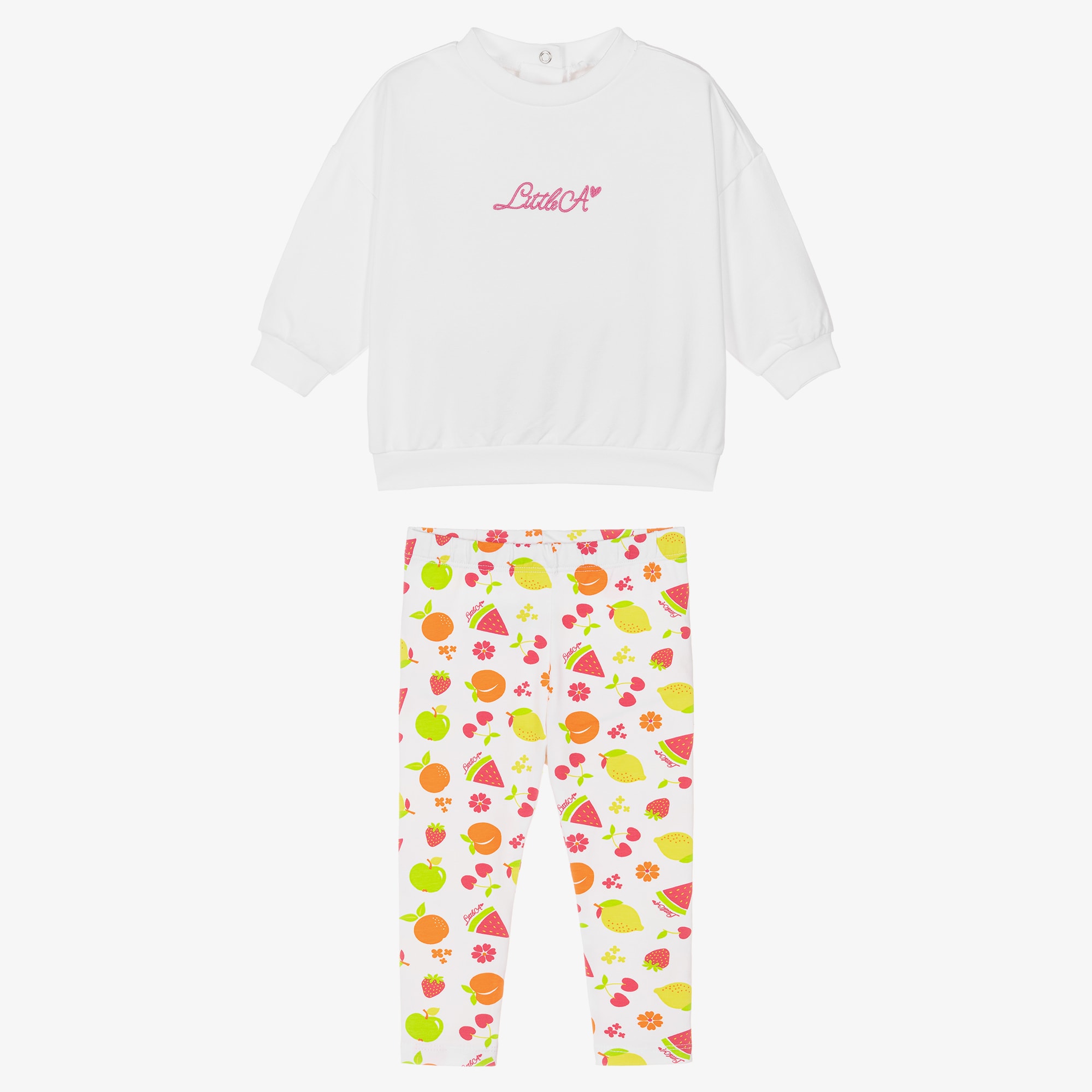 Girls White Cotton Logo Leggings Set with Fruit Print - View 3
