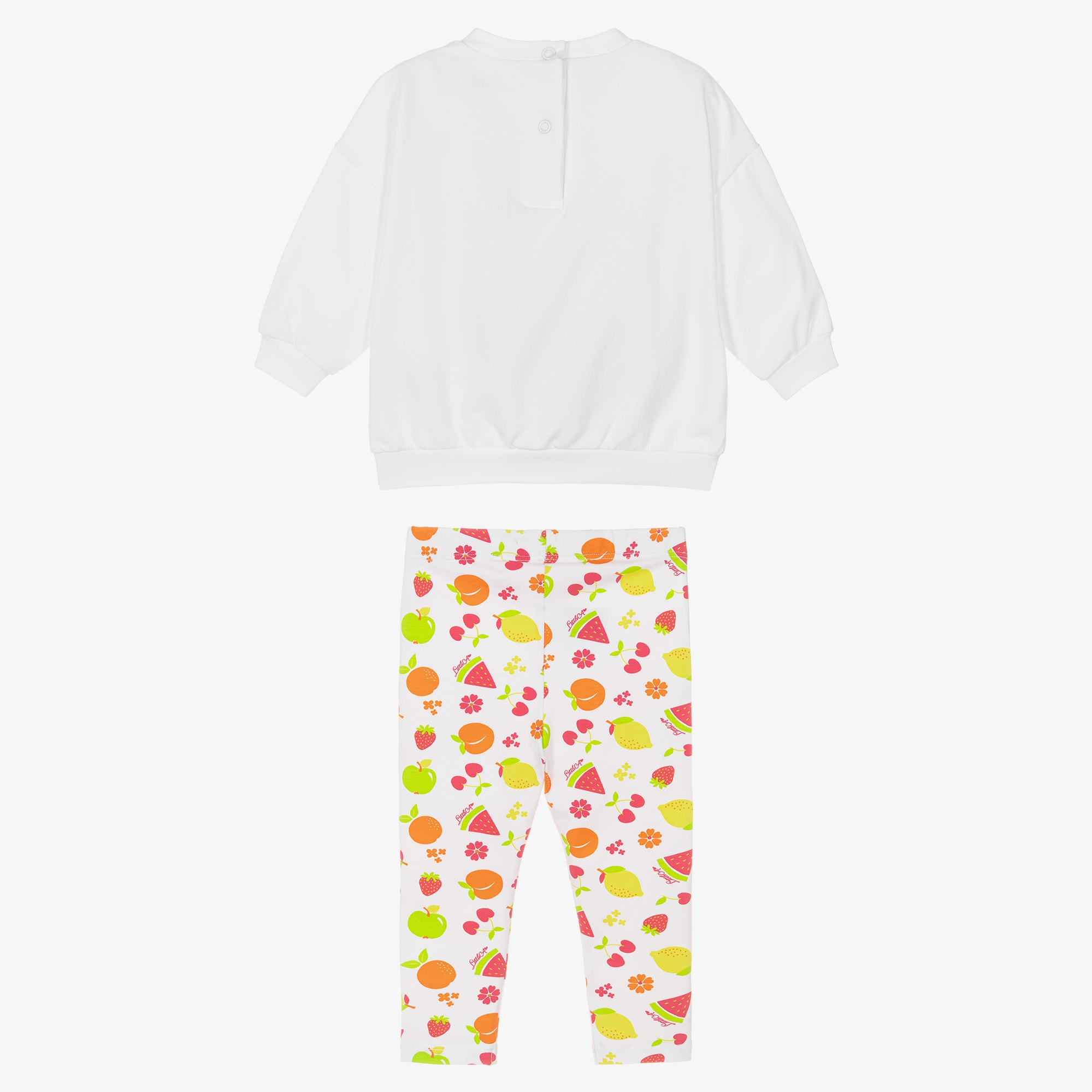 Girls White Cotton Logo Leggings Set with Fruit Print - View 4