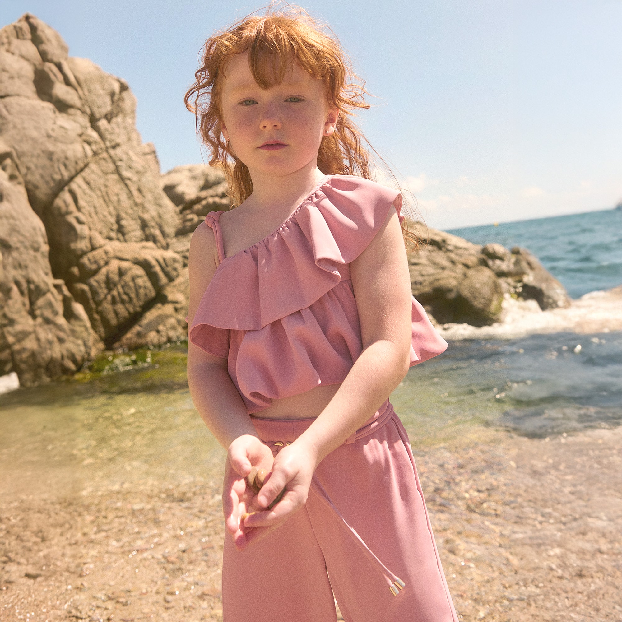Girls Pink Crêpe Ruffle Trim Trouser Set - View 2