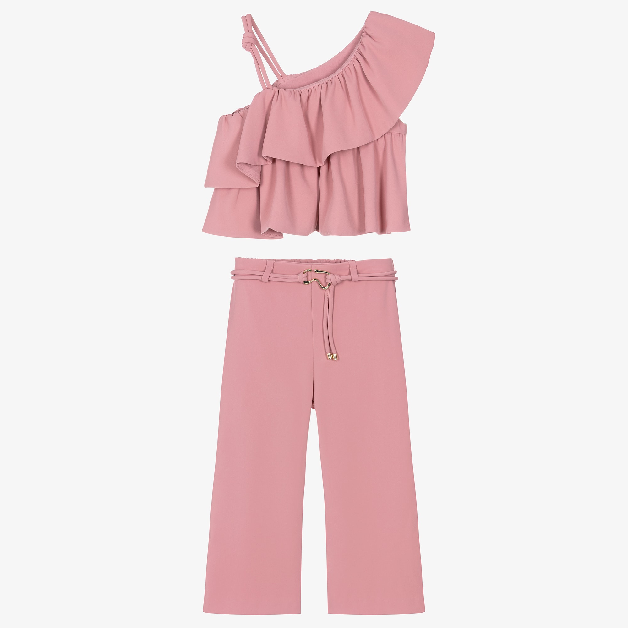Girls Pink Crêpe Ruffle Trim Trouser Set - View 3
