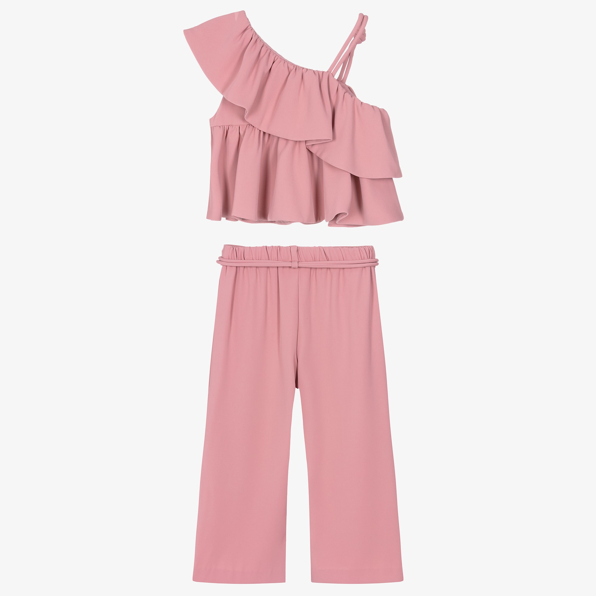 Girls Pink Crêpe Ruffle Trim Trouser Set - View 4