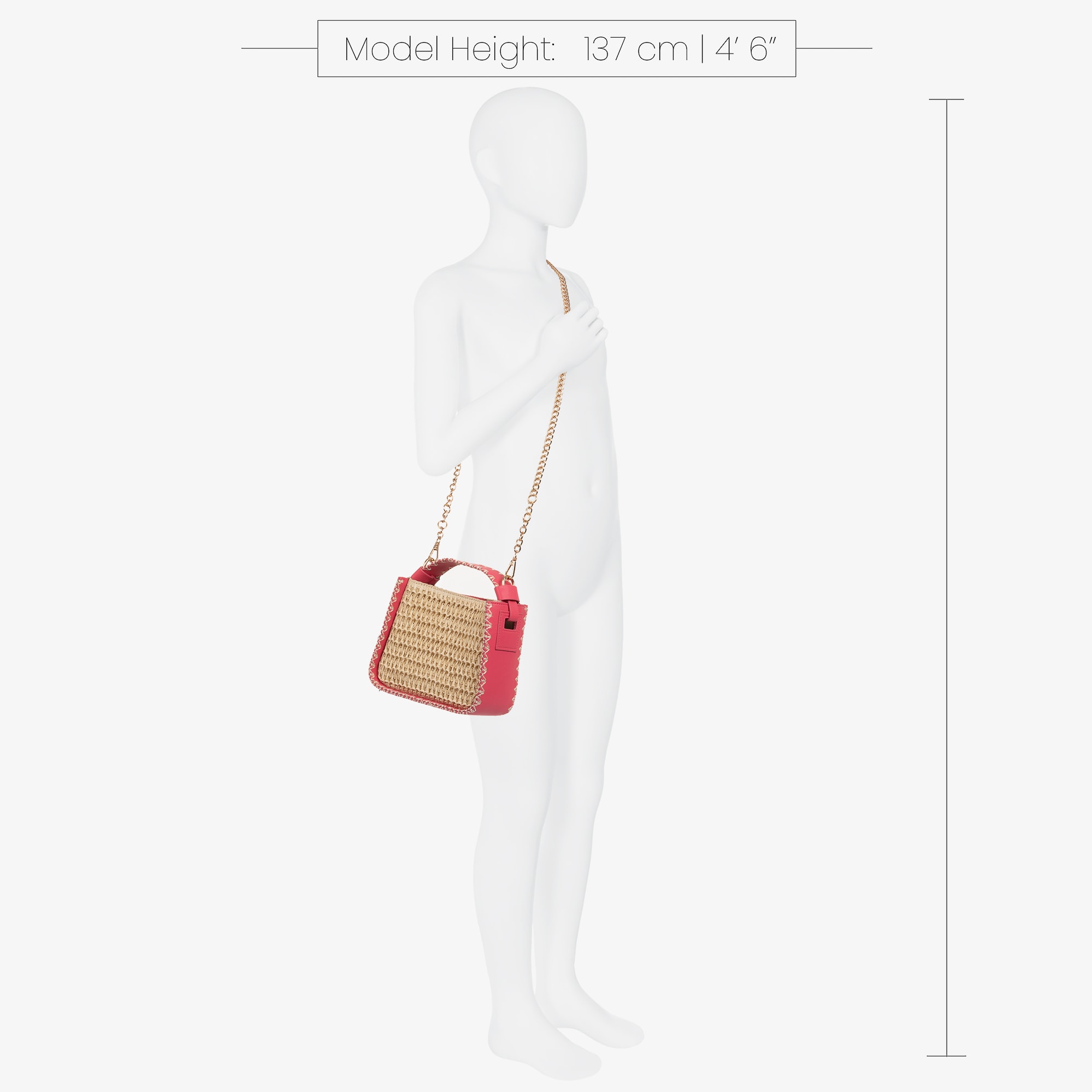 Girls Pink Faux Leather & Beige Raffia Handbag (19cm) - View 2