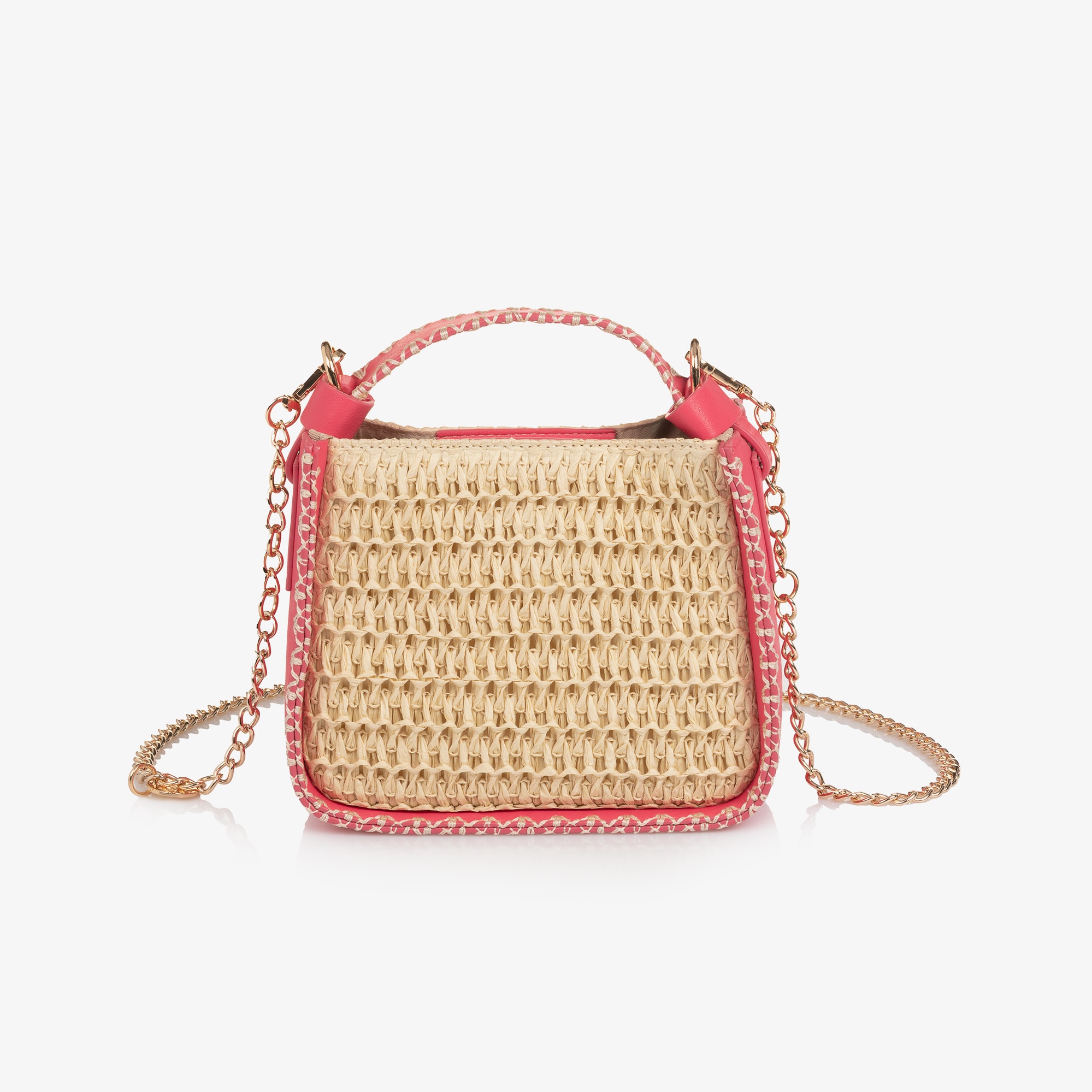 Girls Pink Faux Leather & Beige Raffia Handbag (19cm) - View 4
