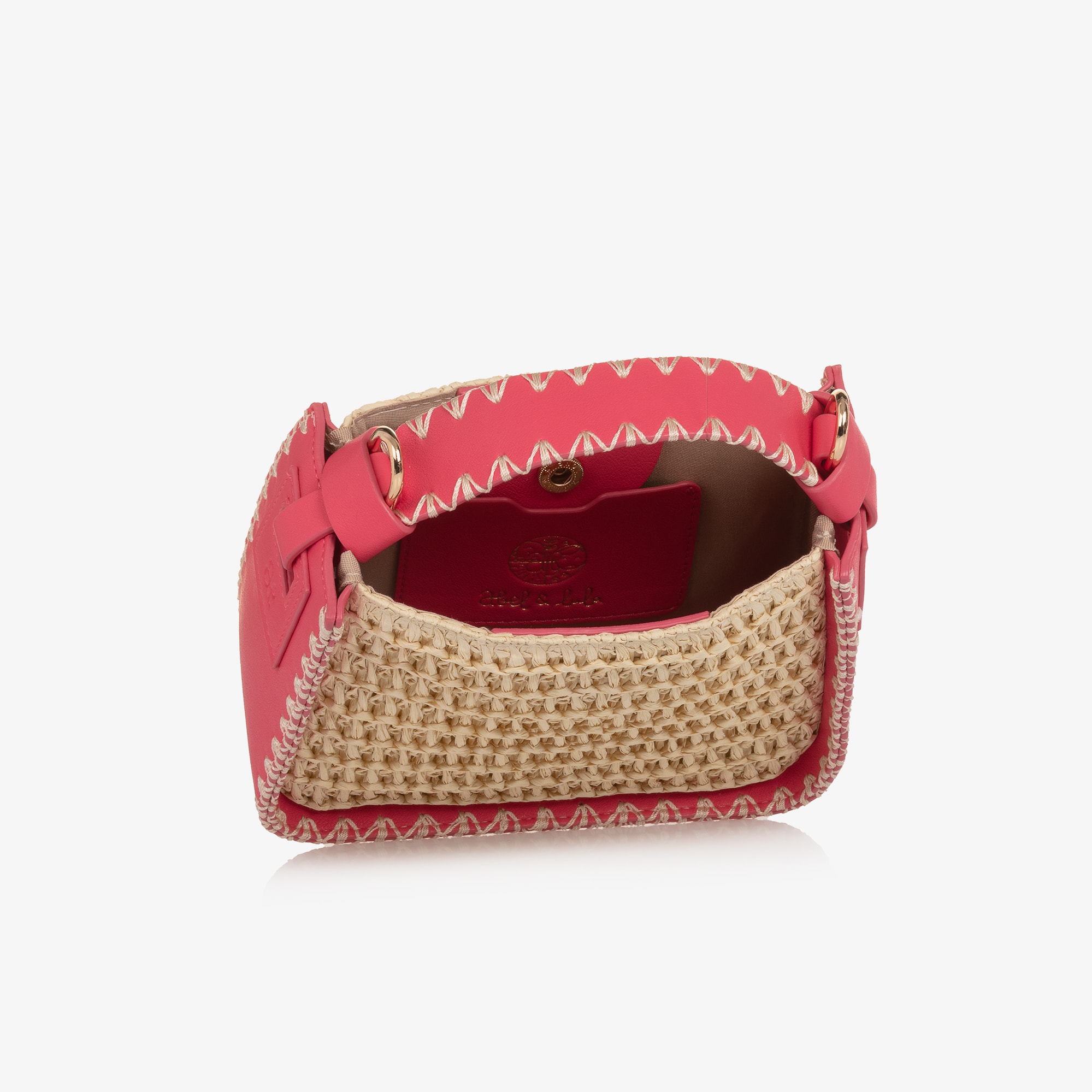 Girls Pink Faux Leather & Beige Raffia Handbag (19cm) - View 5