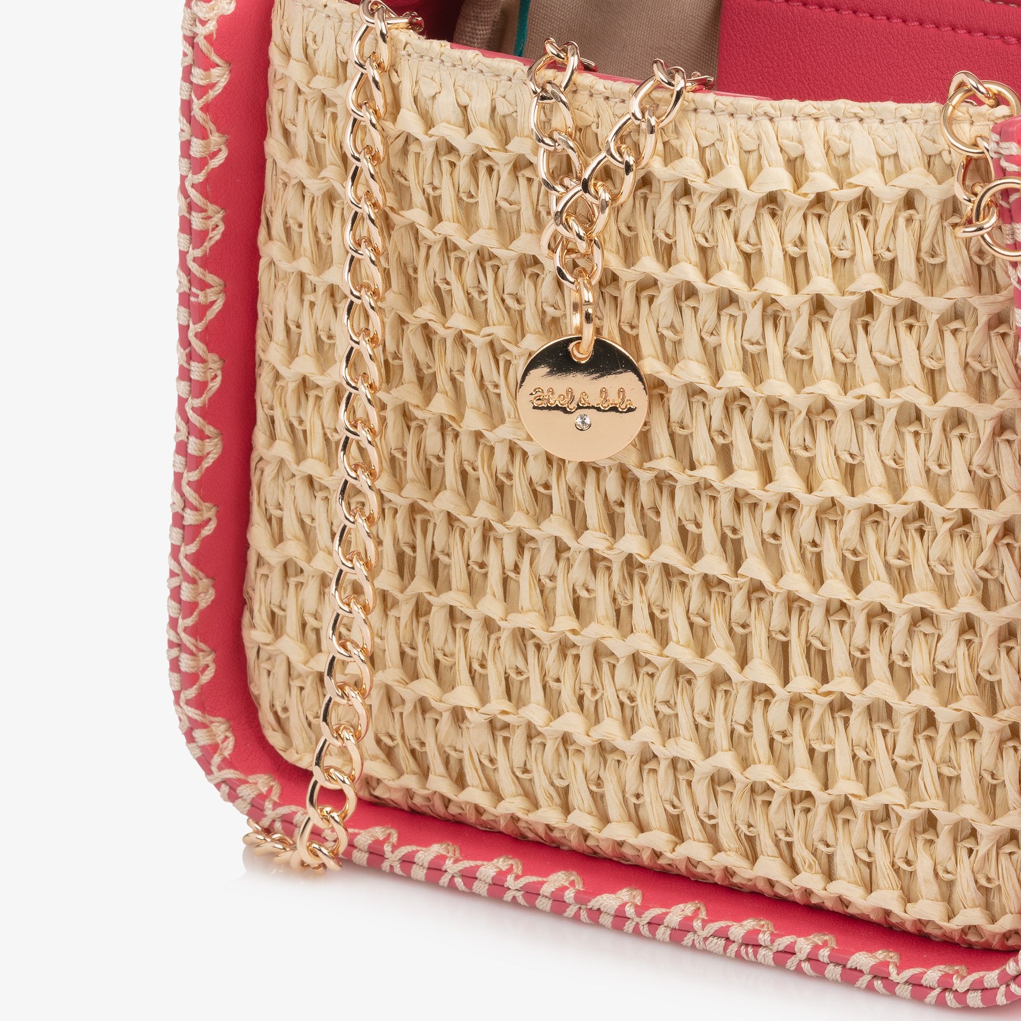 Girls Pink Faux Leather & Beige Raffia Handbag (19cm) - View 6
