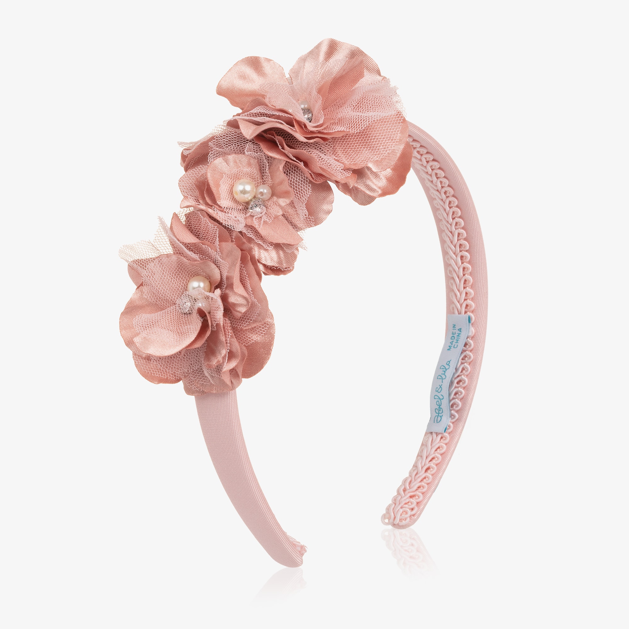 Girls Pink Satin & Pearl Flower Hairband - View 1