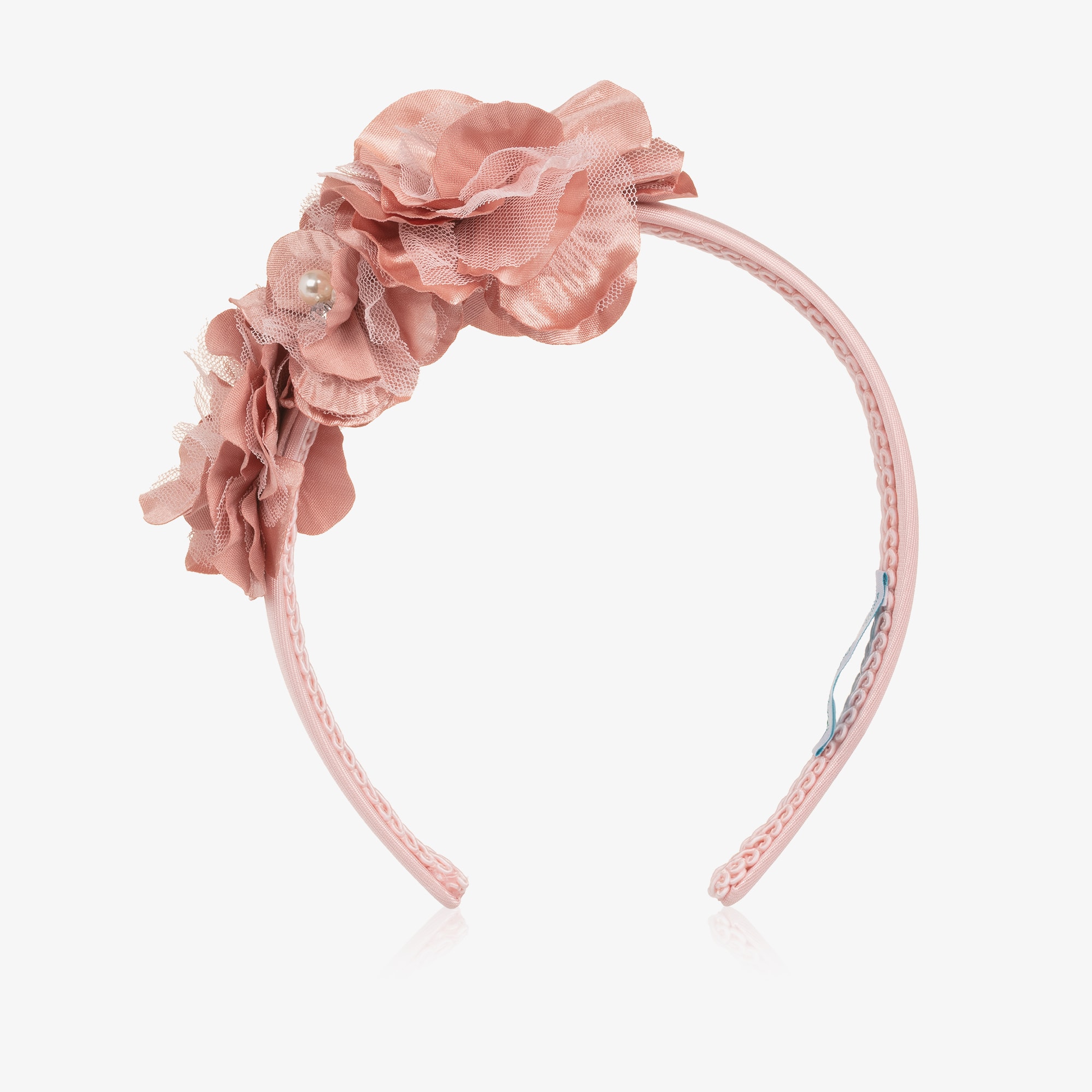 Girls Pink Satin & Pearl Flower Hairband - View 2