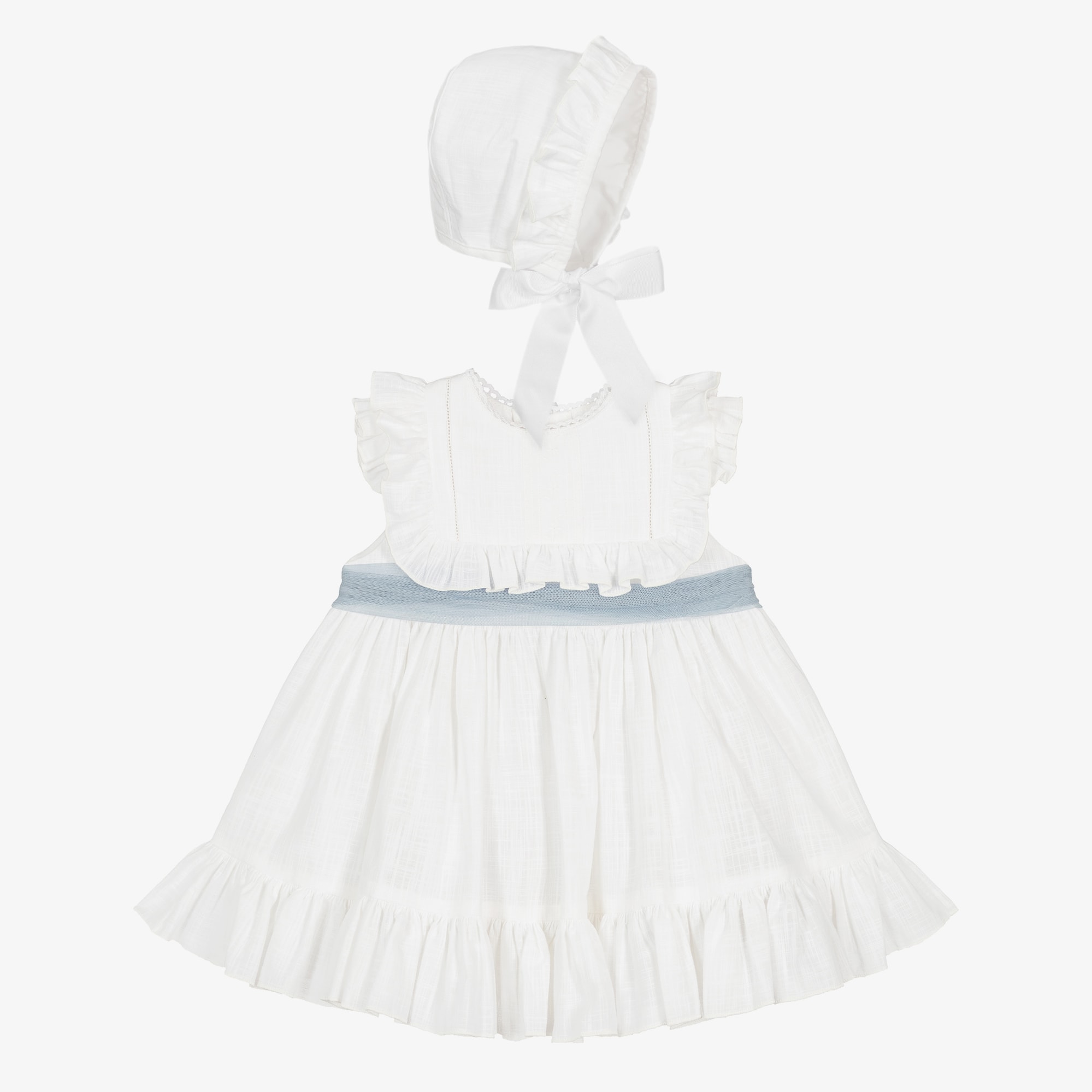 Girls White Cotton Ruffle Dress Set - View 1
