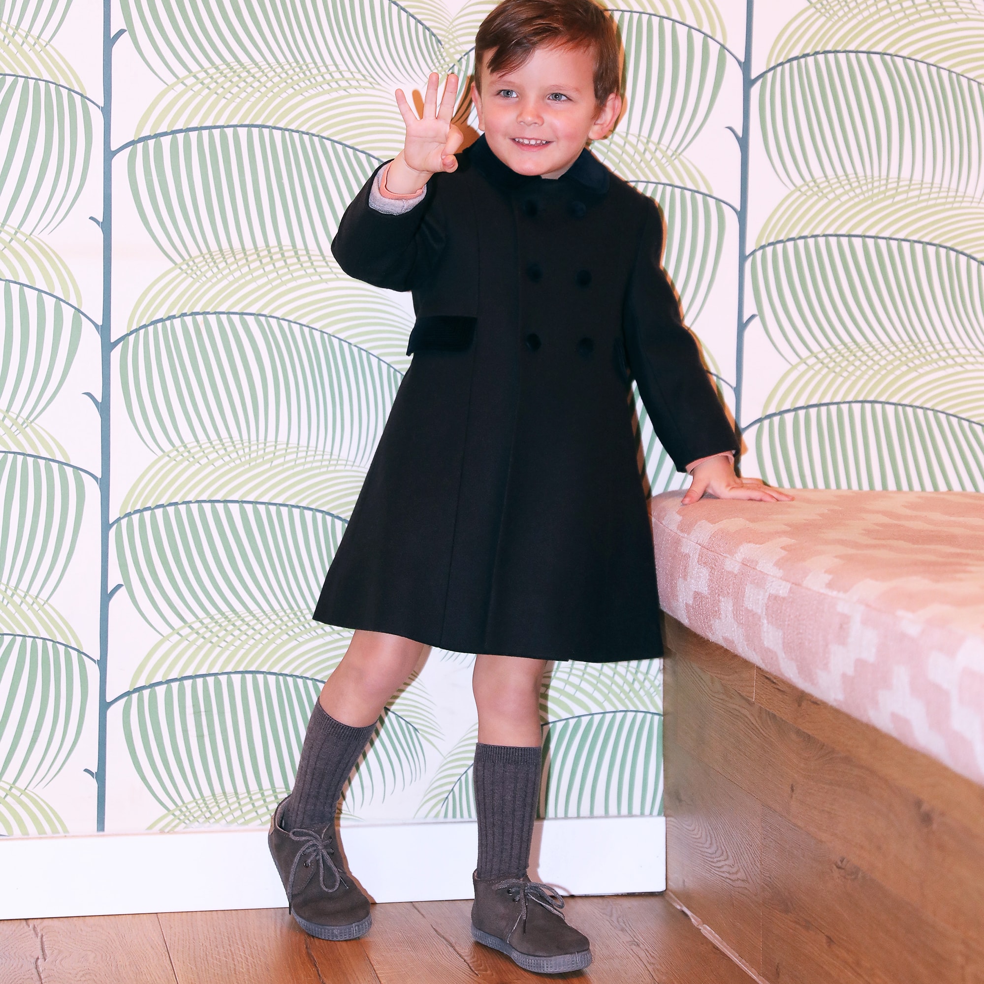 Traditional Black Wool Coat with Velvet Trims - View 2