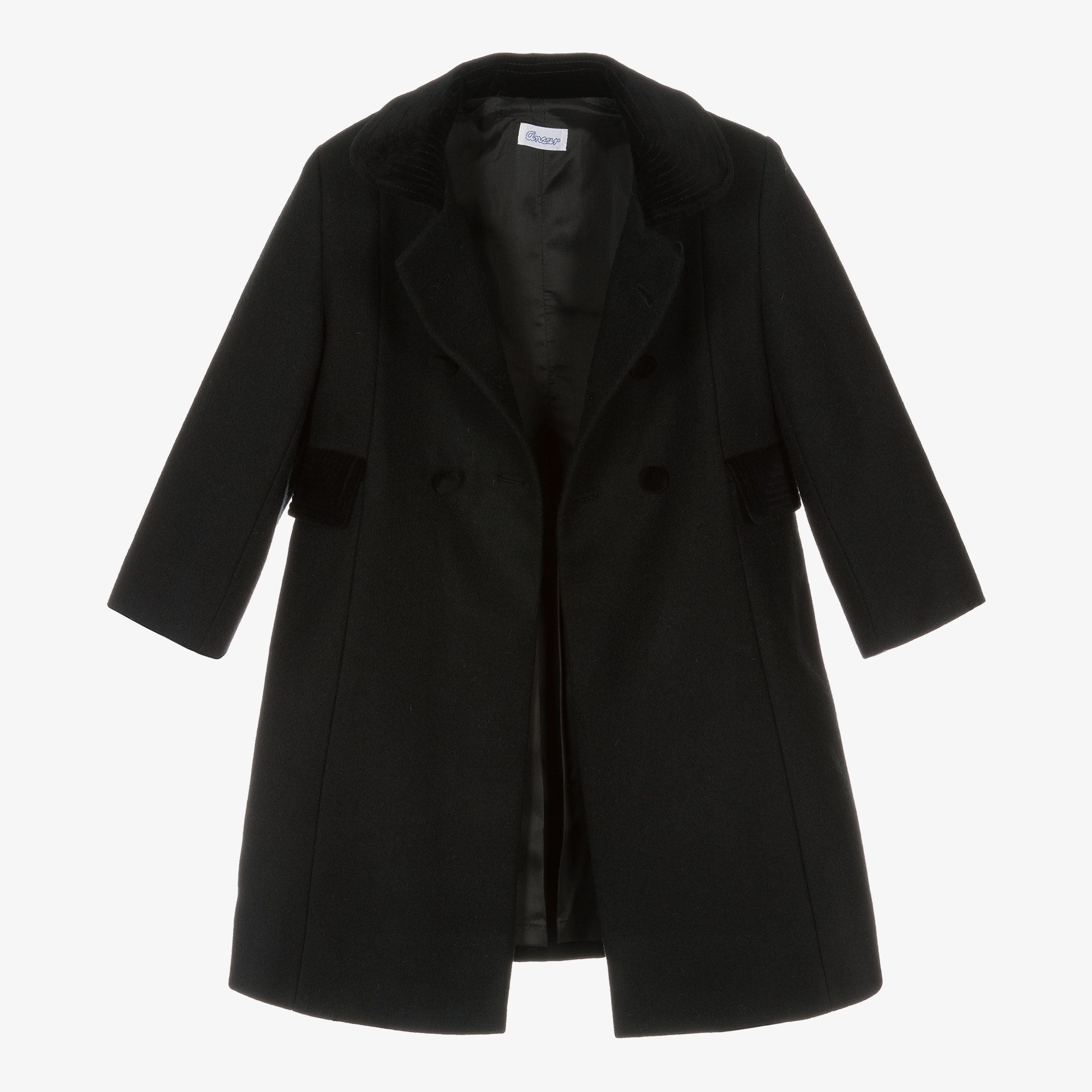 Traditional Black Wool Coat with Velvet Trims - View 3