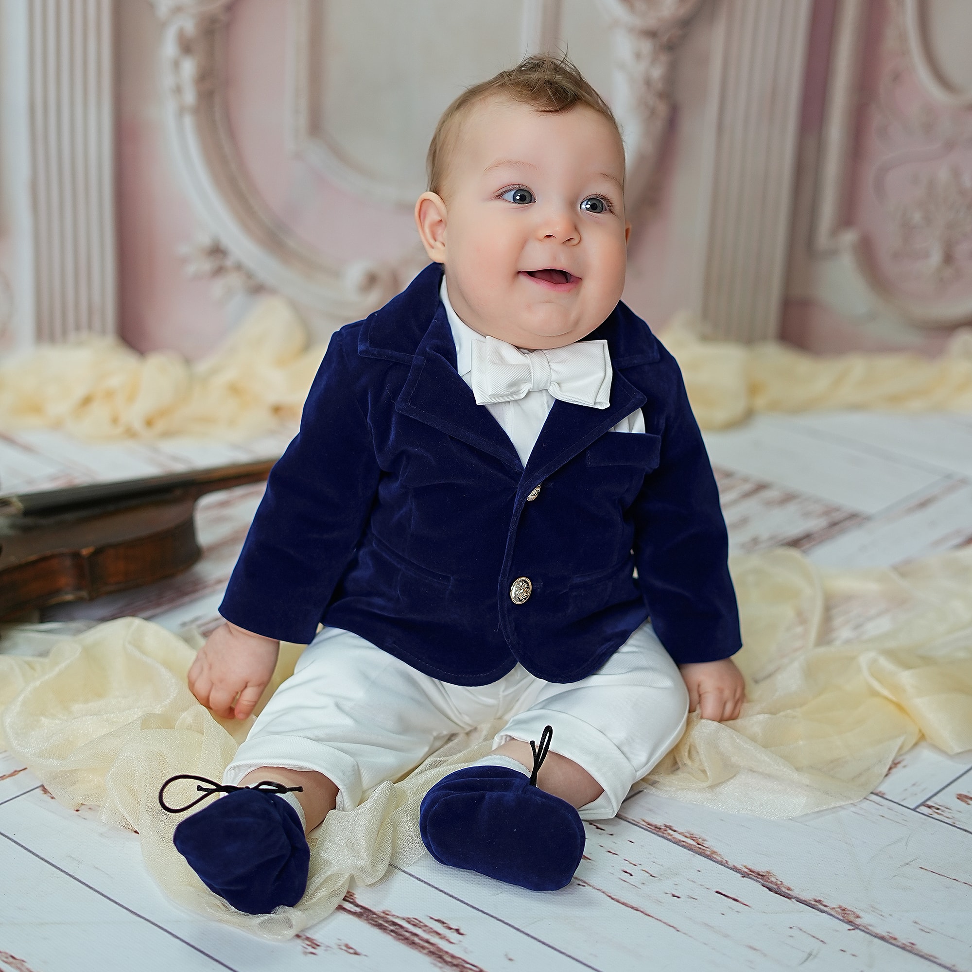 Baby Boys Pale Blue Velvet & Ivory 5 Piece Suit - View 2