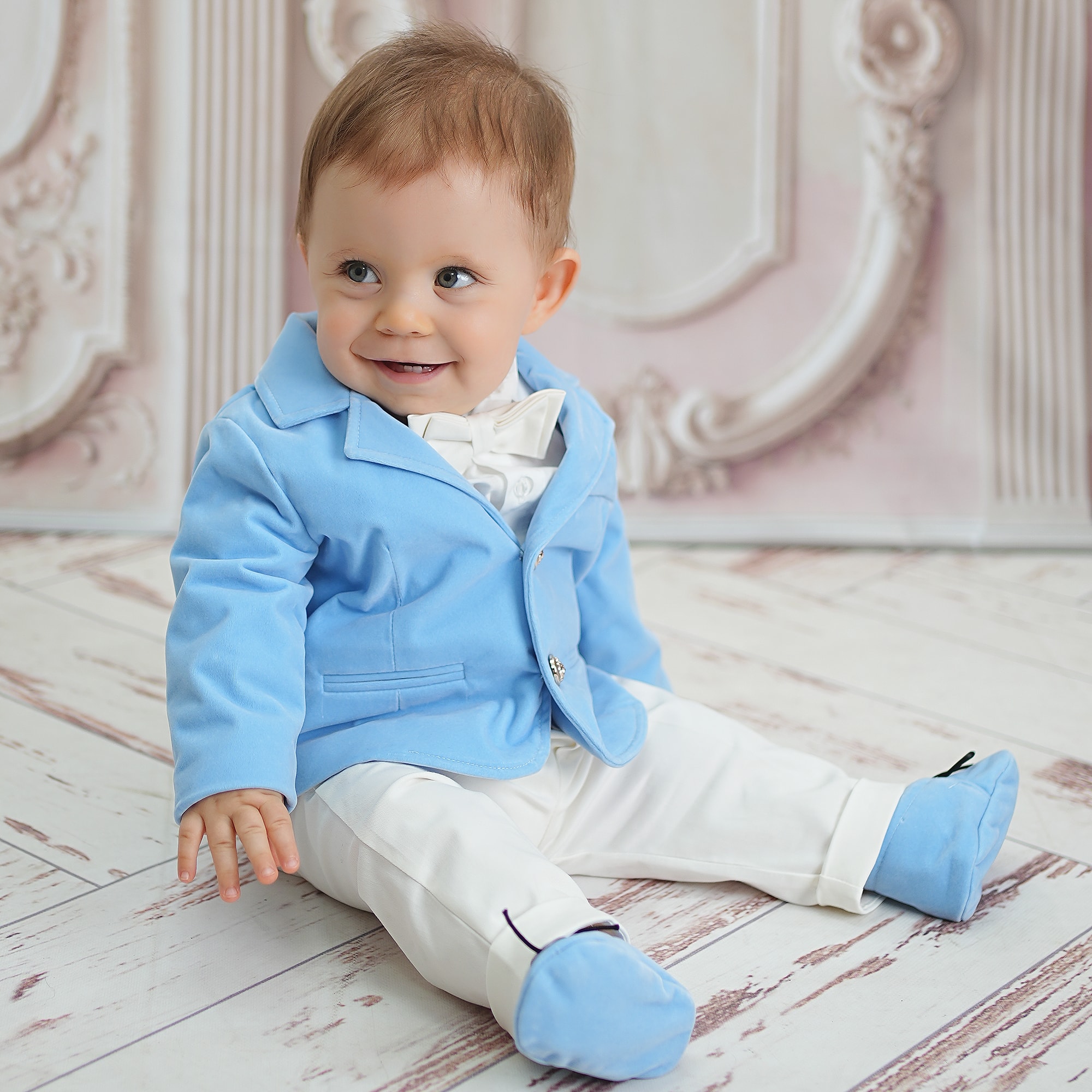 Baby Boys Royal Blue Velvet & Ivory 5 Piece Suit - View 2