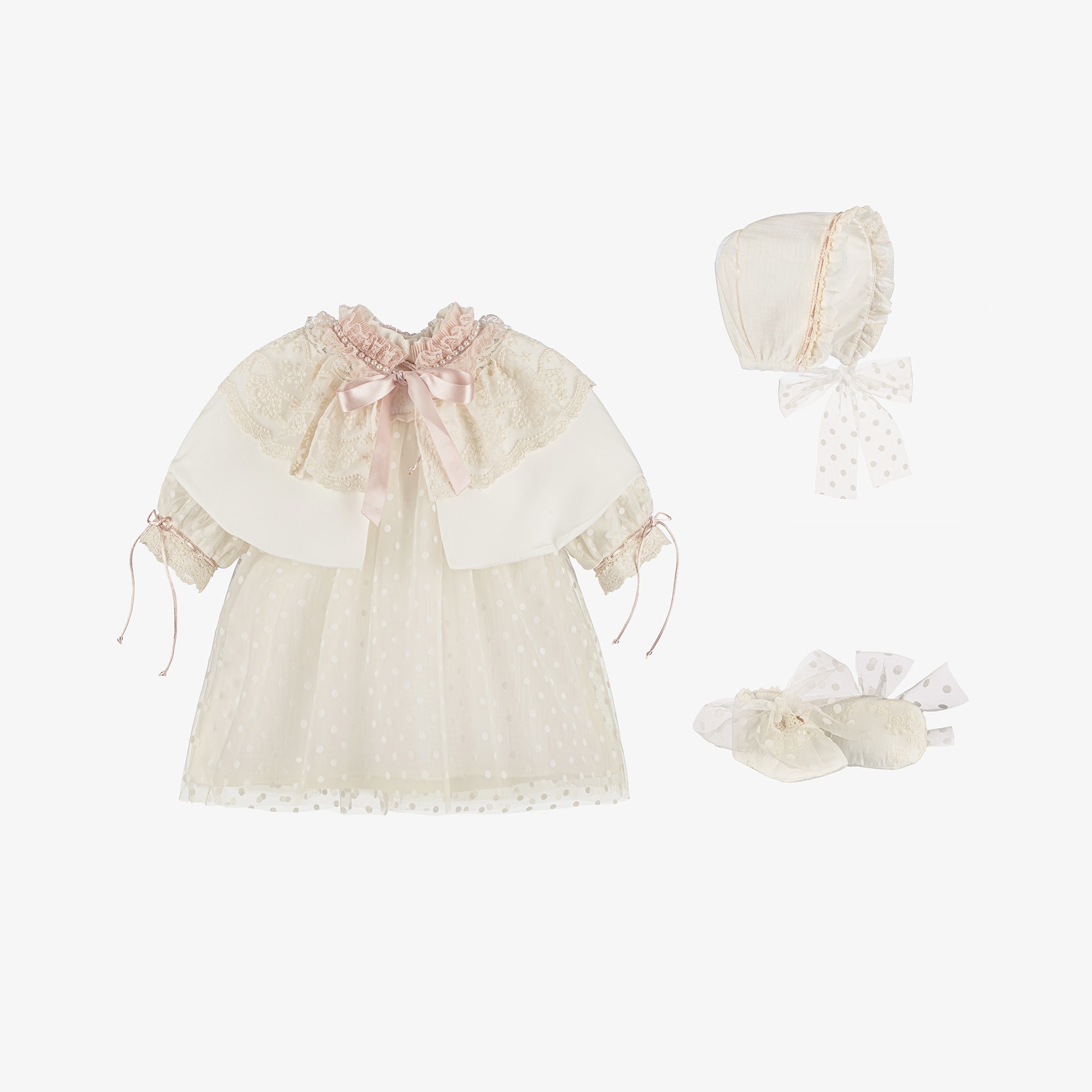 Baby Girls Ivory & Pink Embroidered Tulle Dress Set - View 1