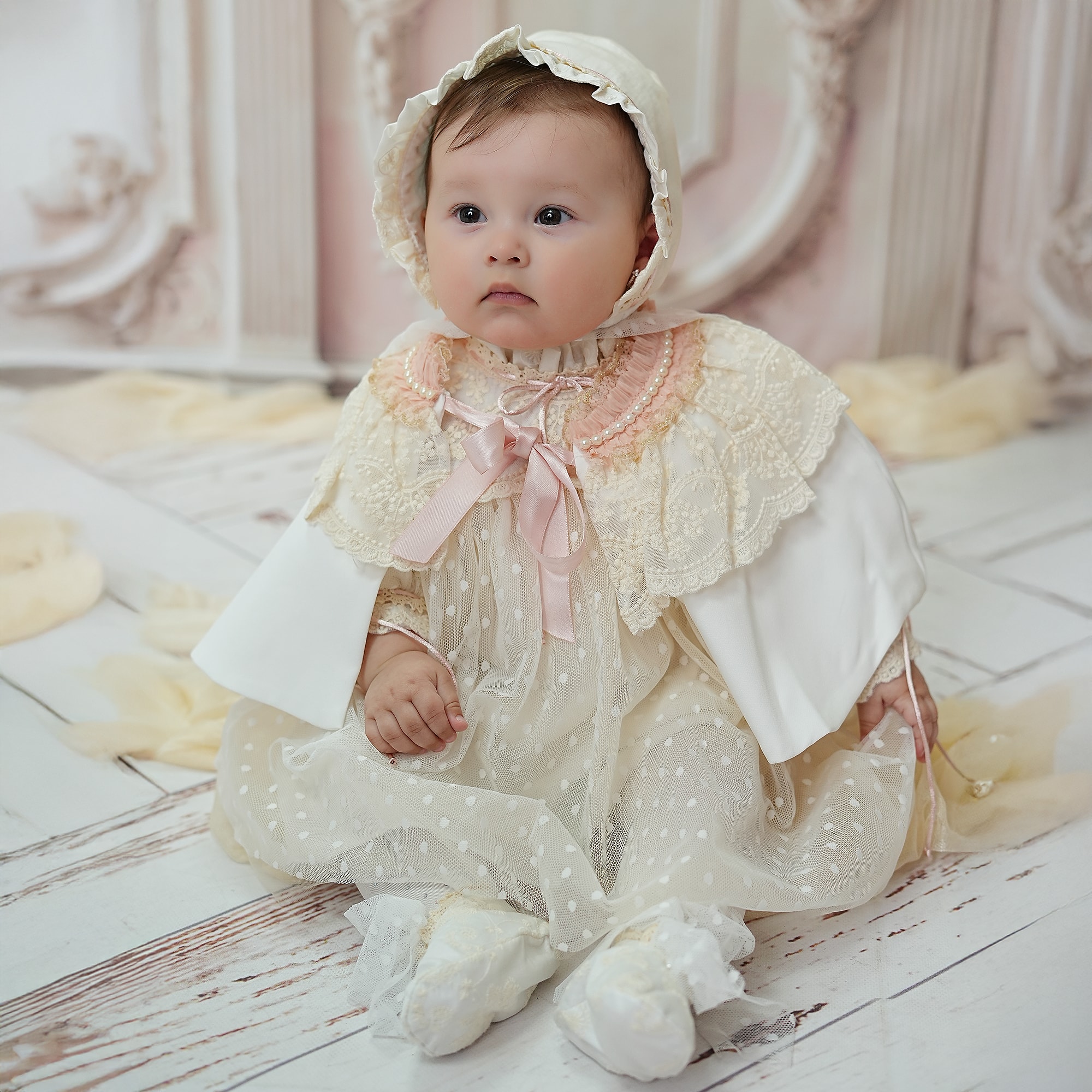 Baby Girls Ivory & Pink Embroidered Tulle Dress Set - View 2