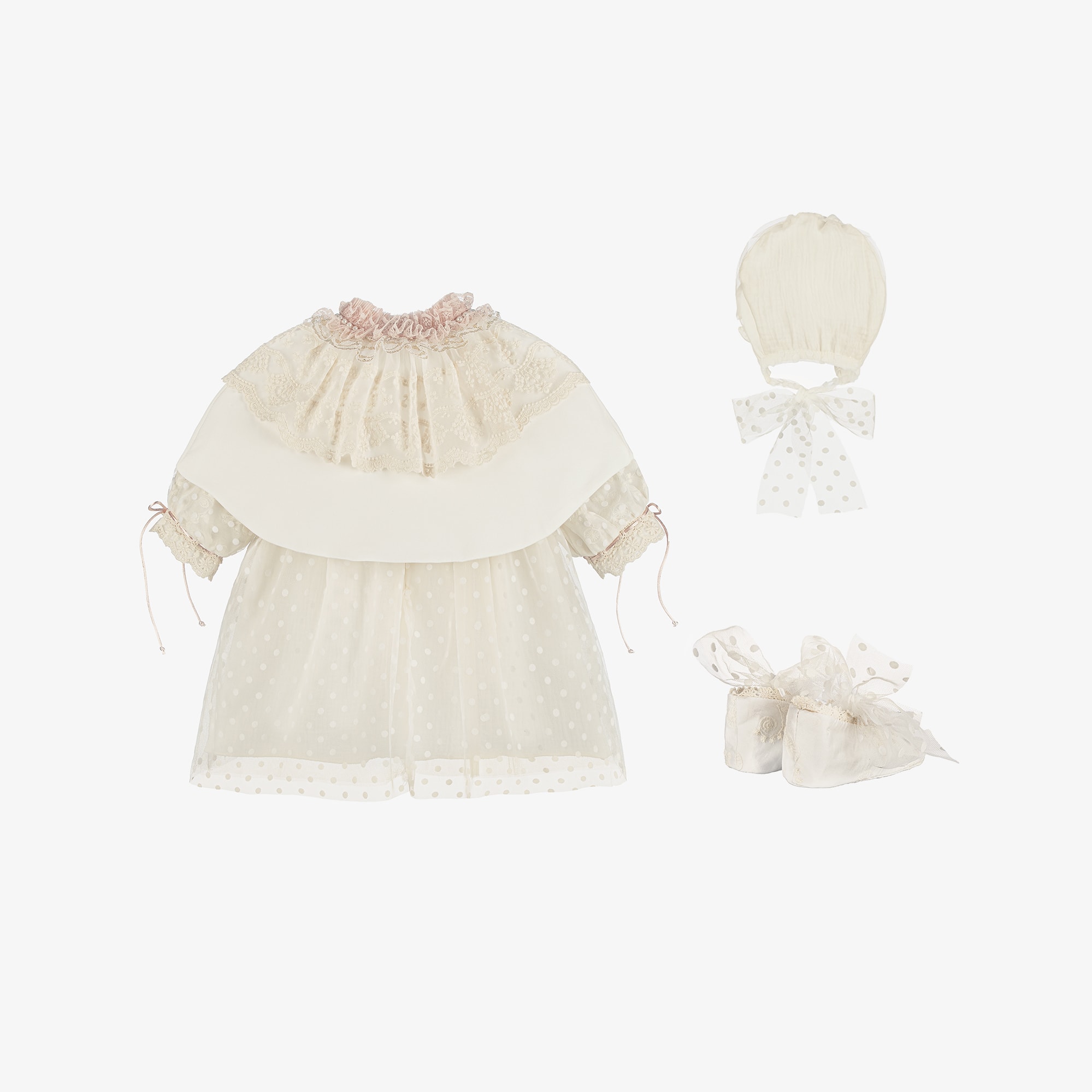 Baby Girls Ivory & Pink Embroidered Tulle Dress Set - View 3