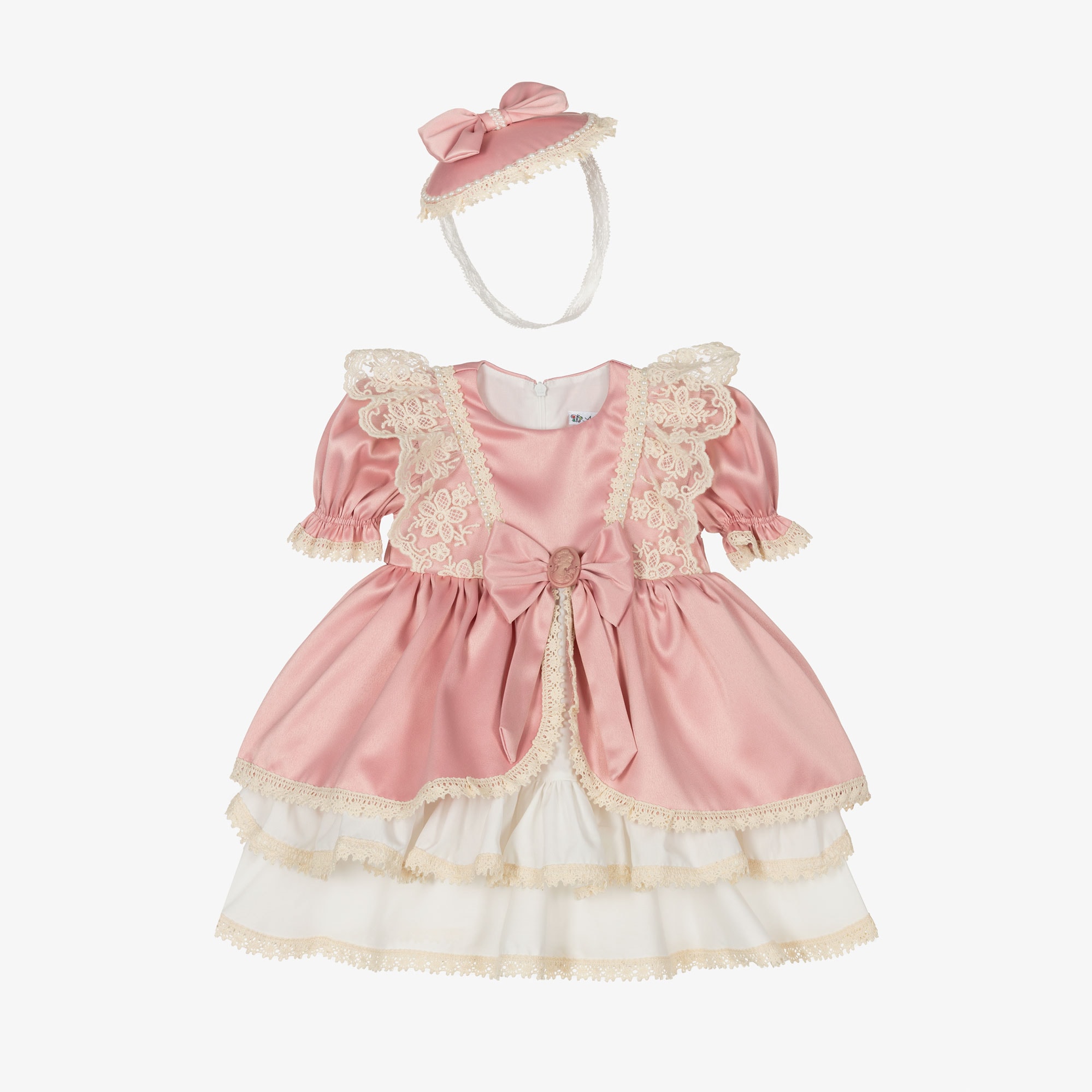 Baby Girls Pink Satin Lace Trim Dress Set - View 1