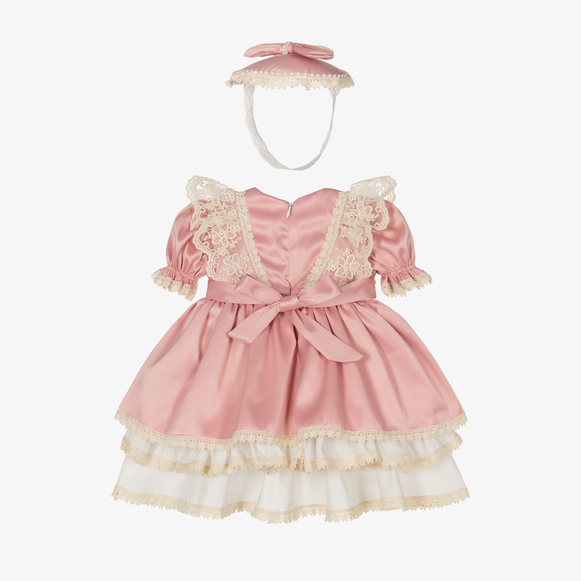 Baby Girls Pink Satin Lace Trim Dress Set - View 3