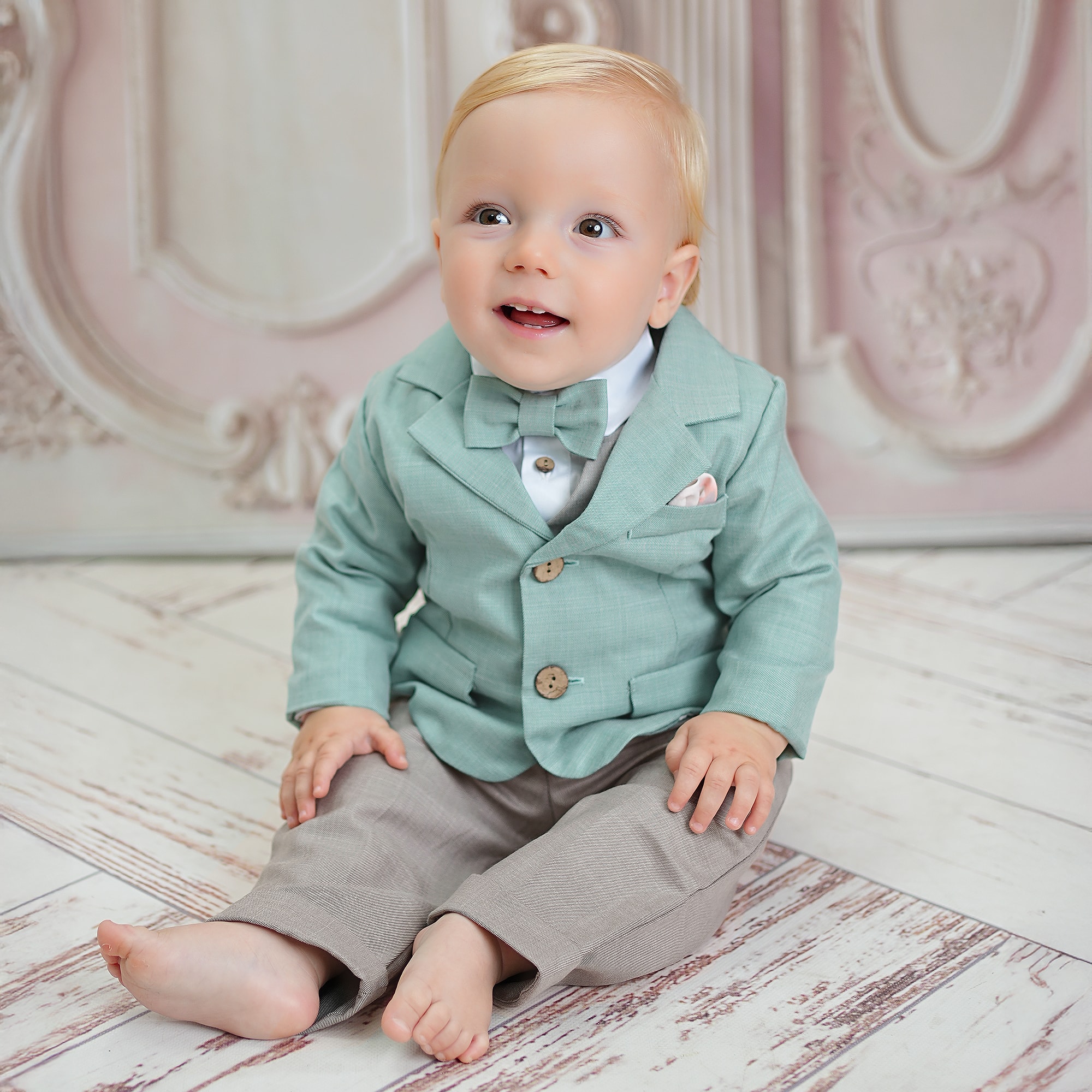 Boys Aqua Green & Grey Suit - View 2