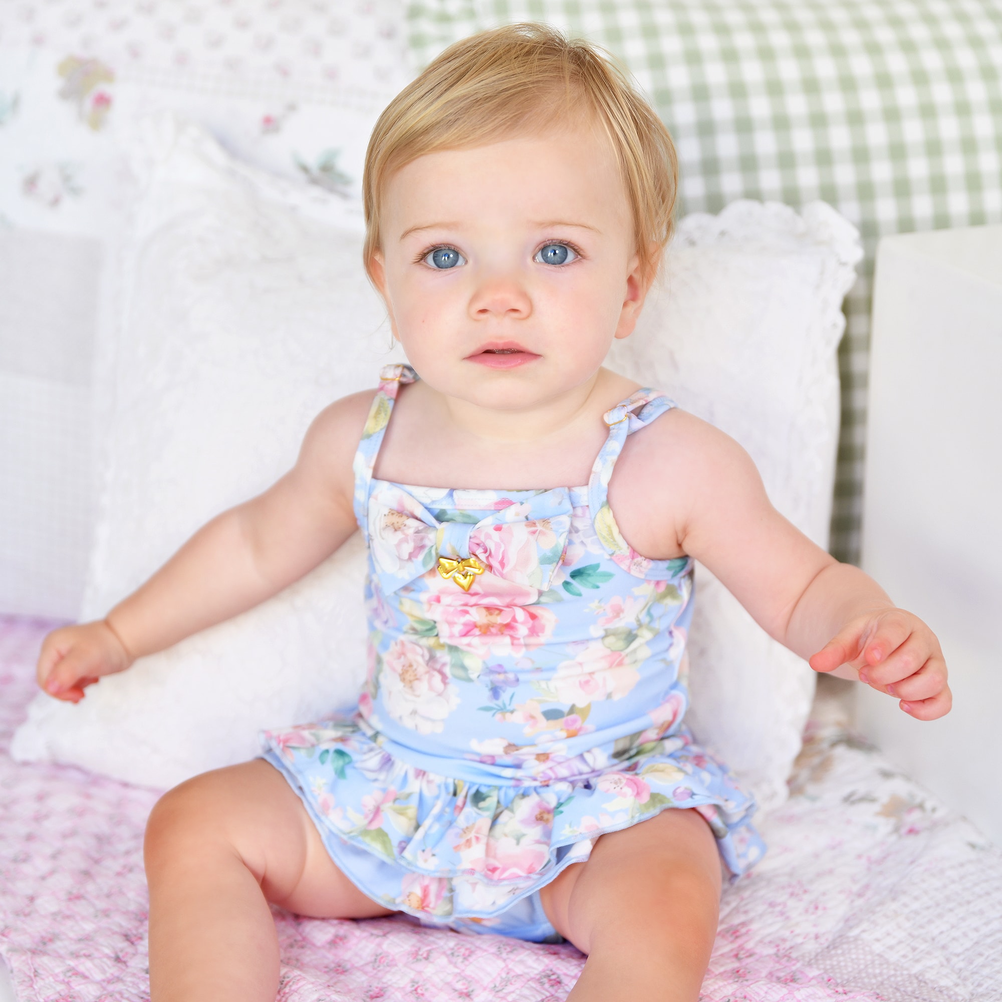 Baby Girls Blue Floral Print Swimsuit - View 2