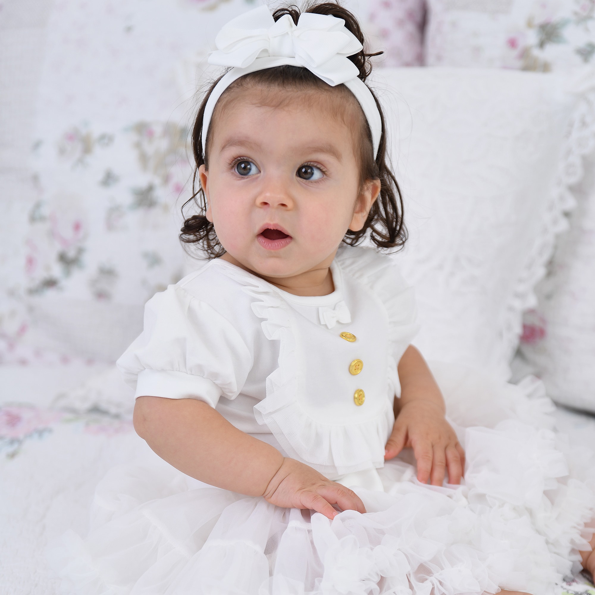 Baby Girls White Tulle Tutu Skirt with Logo Bow - View 2