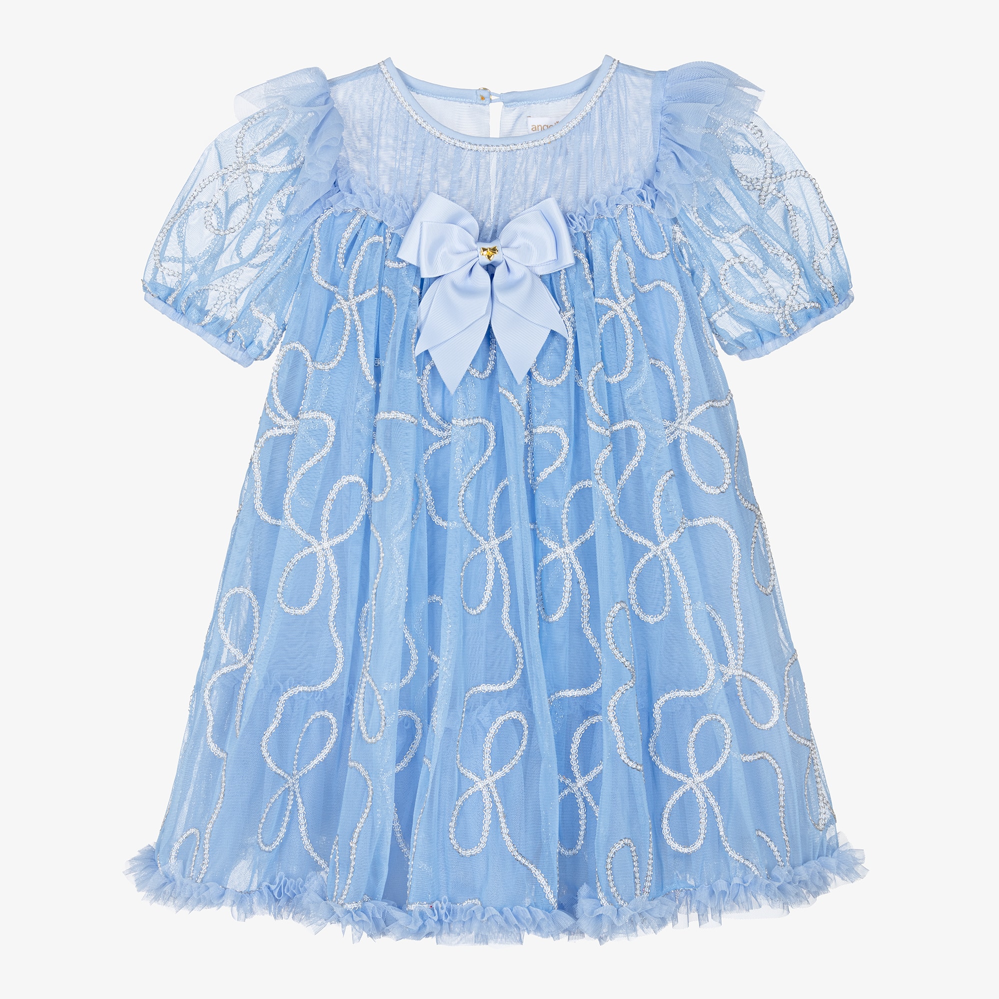 Girls Blue Tulle Dress with Silver Chain Design - View 1