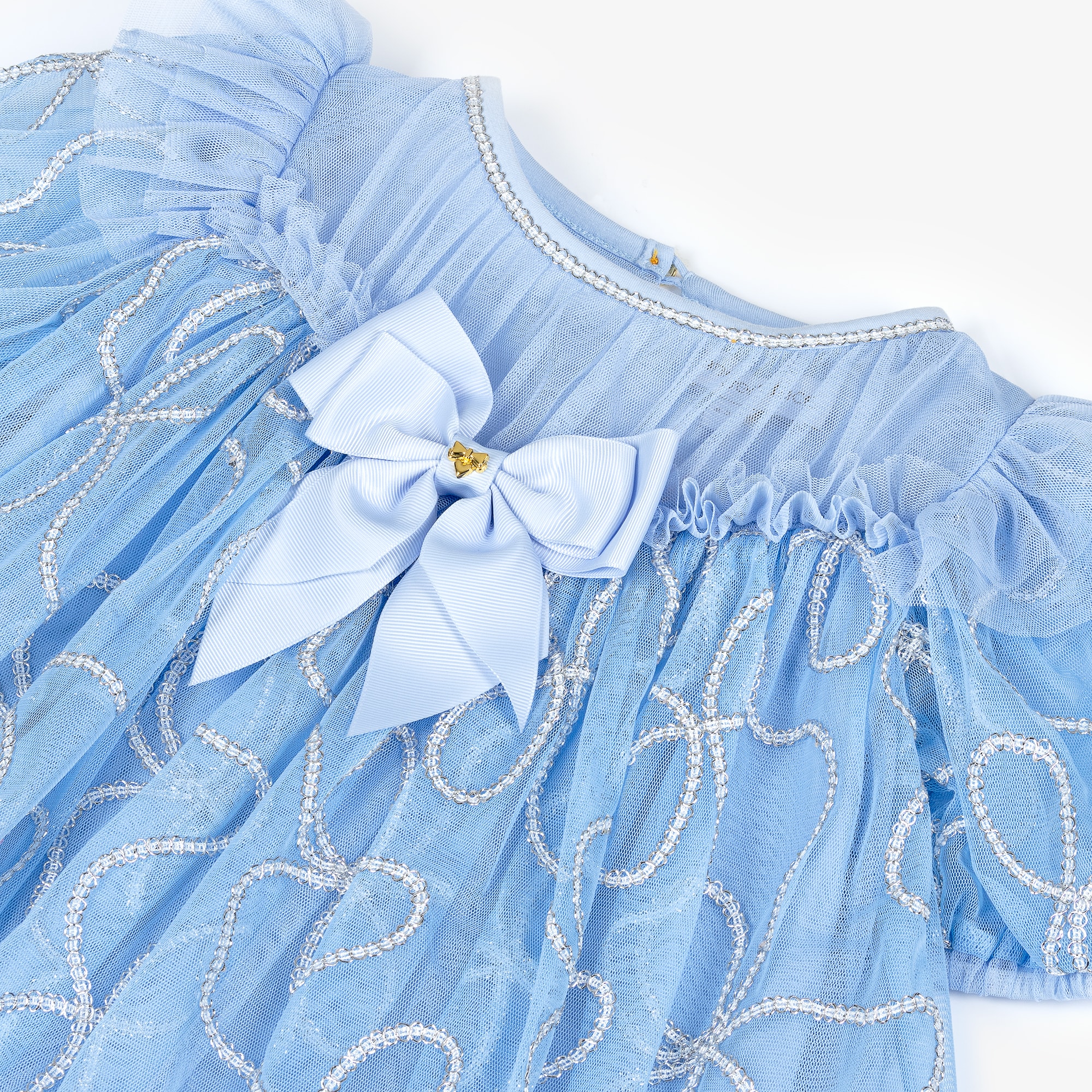 Girls Blue Tulle Dress with Silver Chain Design - View 4