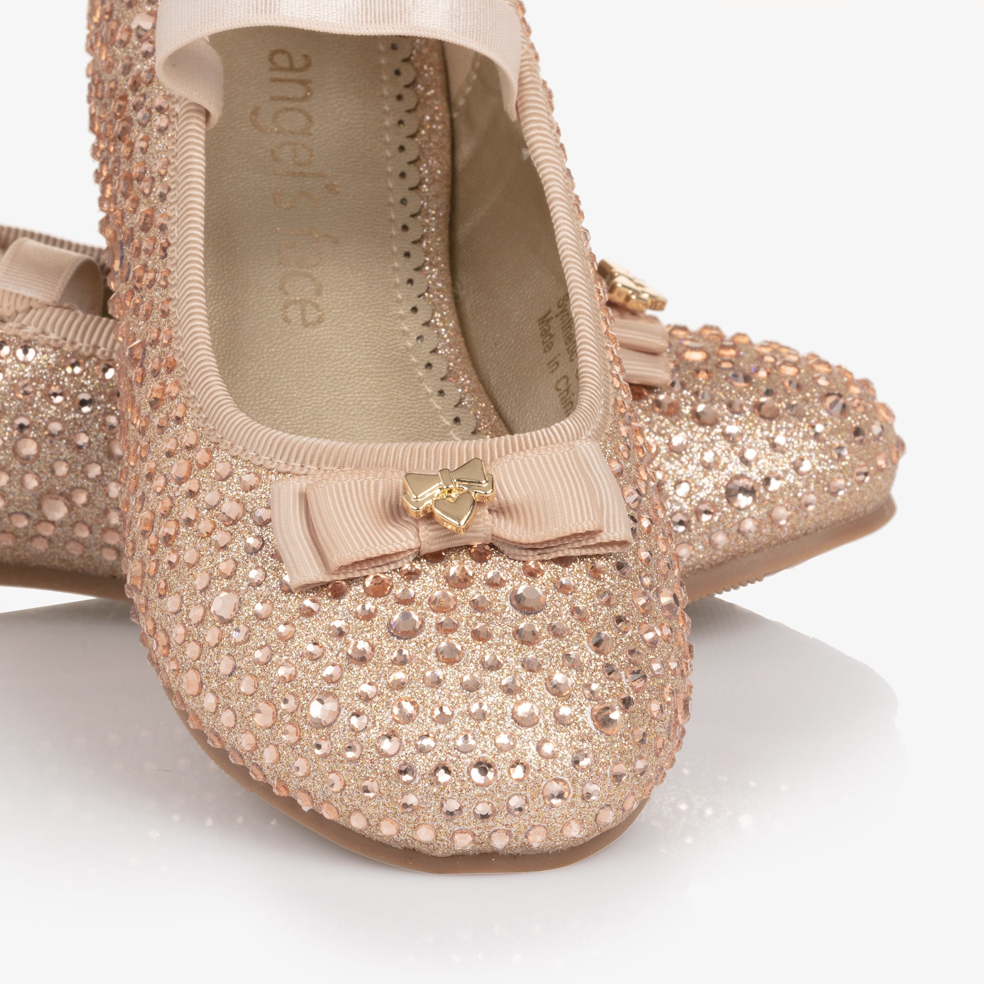 Girls Gold Glitter & Diamanté Ballerina Shoes with Logo Bow - View 6