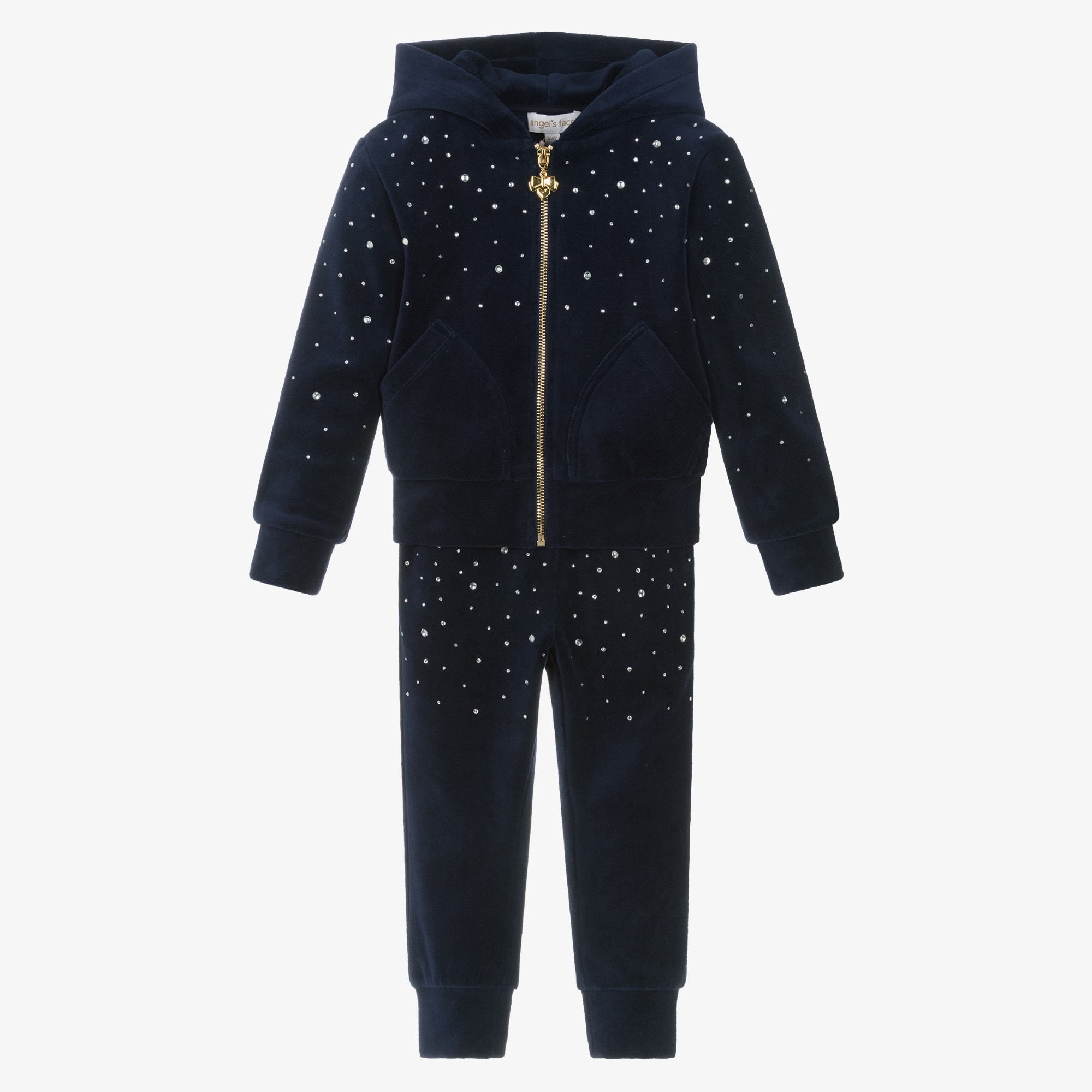Girls Navy Blue Velour Tracksuit with Rhinestones - View 1