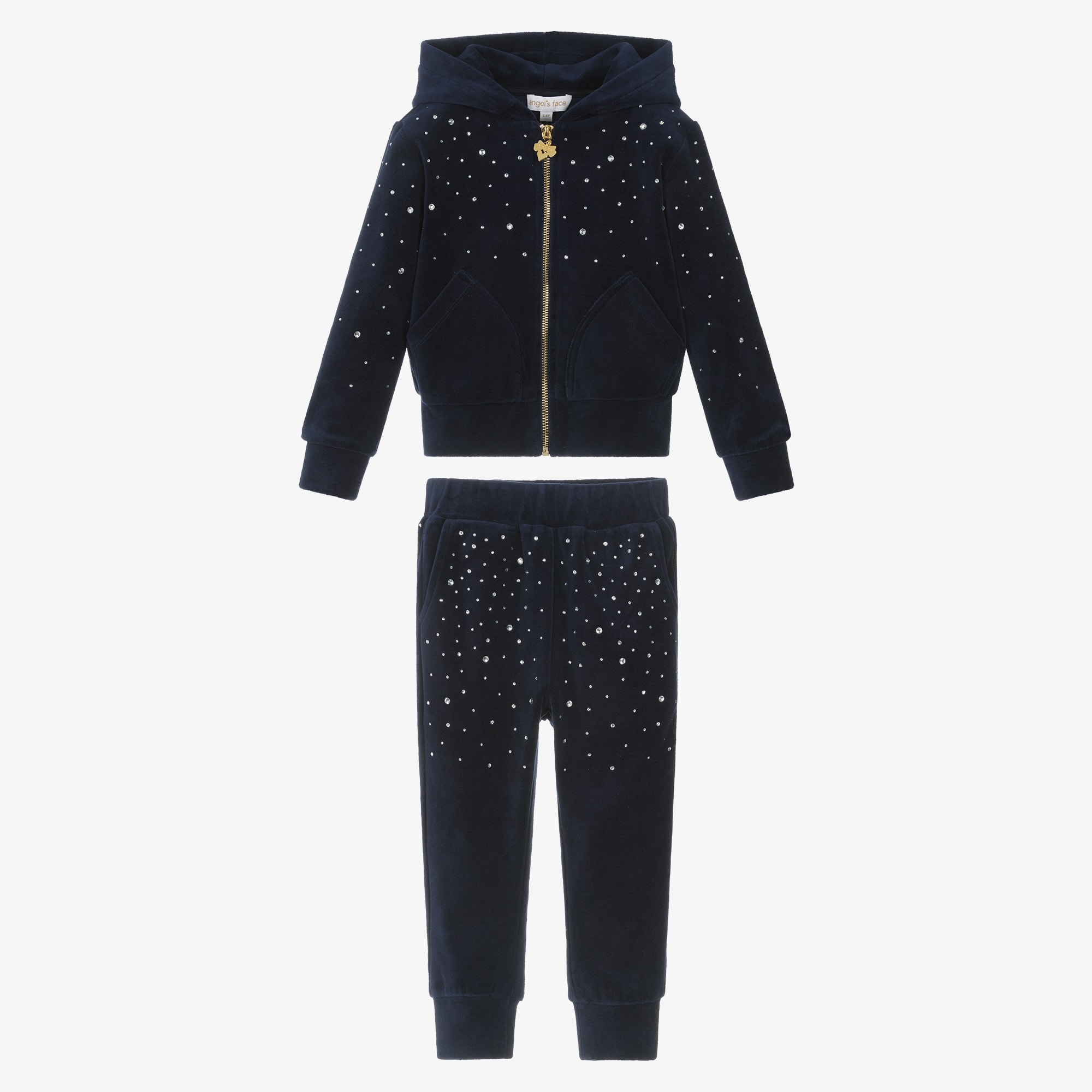 Girls Navy Blue Velour Tracksuit with Rhinestones - View 3