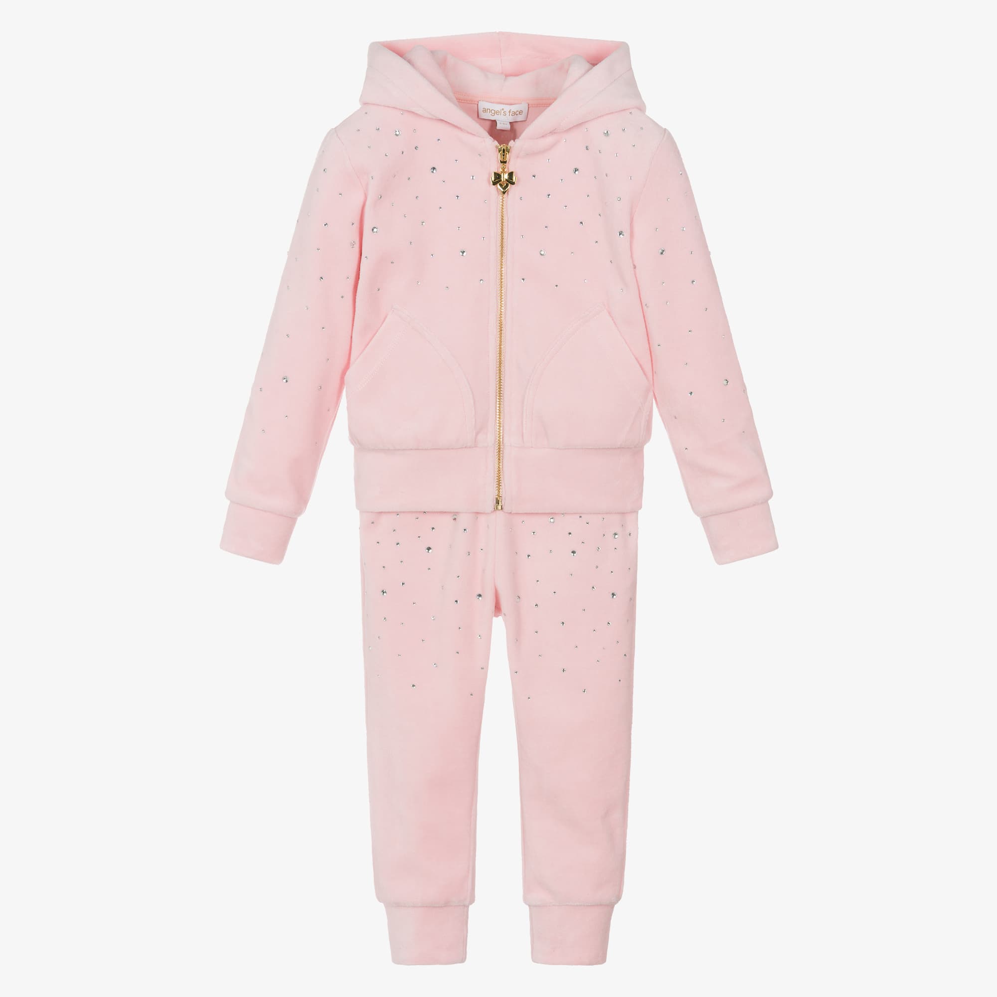 Girls Pale Pink Velour Tracksuit with Rhinestones