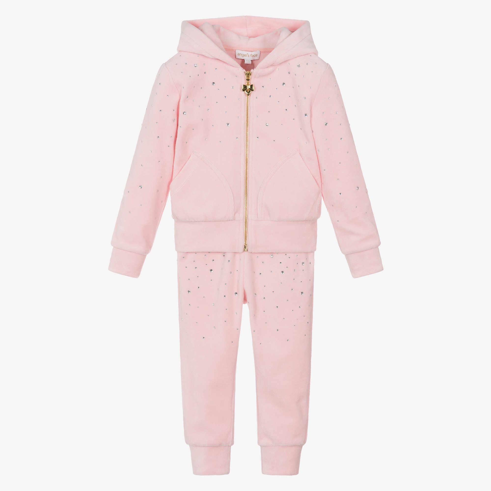 Girls Pale Pink Velour Tracksuit with Rhinestones - View 1
