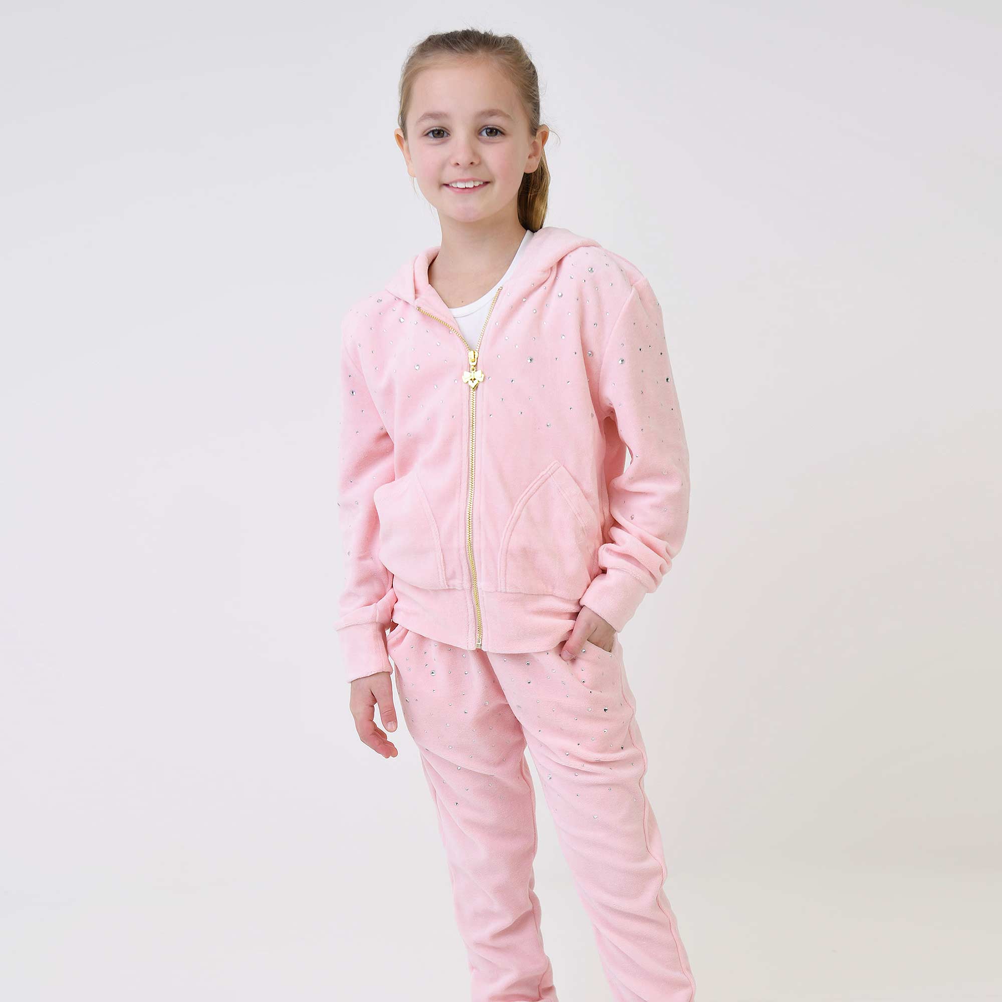 Girls Pale Pink Velour Tracksuit with Rhinestones - View 2