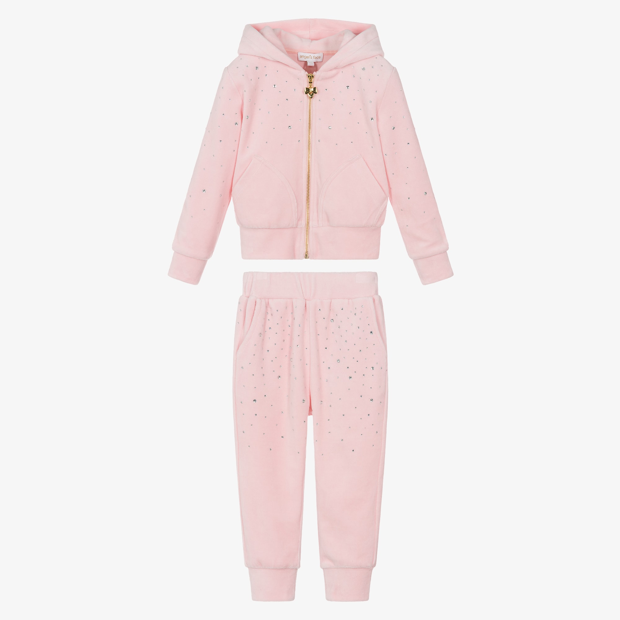 Girls Pale Pink Velour Tracksuit with Rhinestones - View 3
