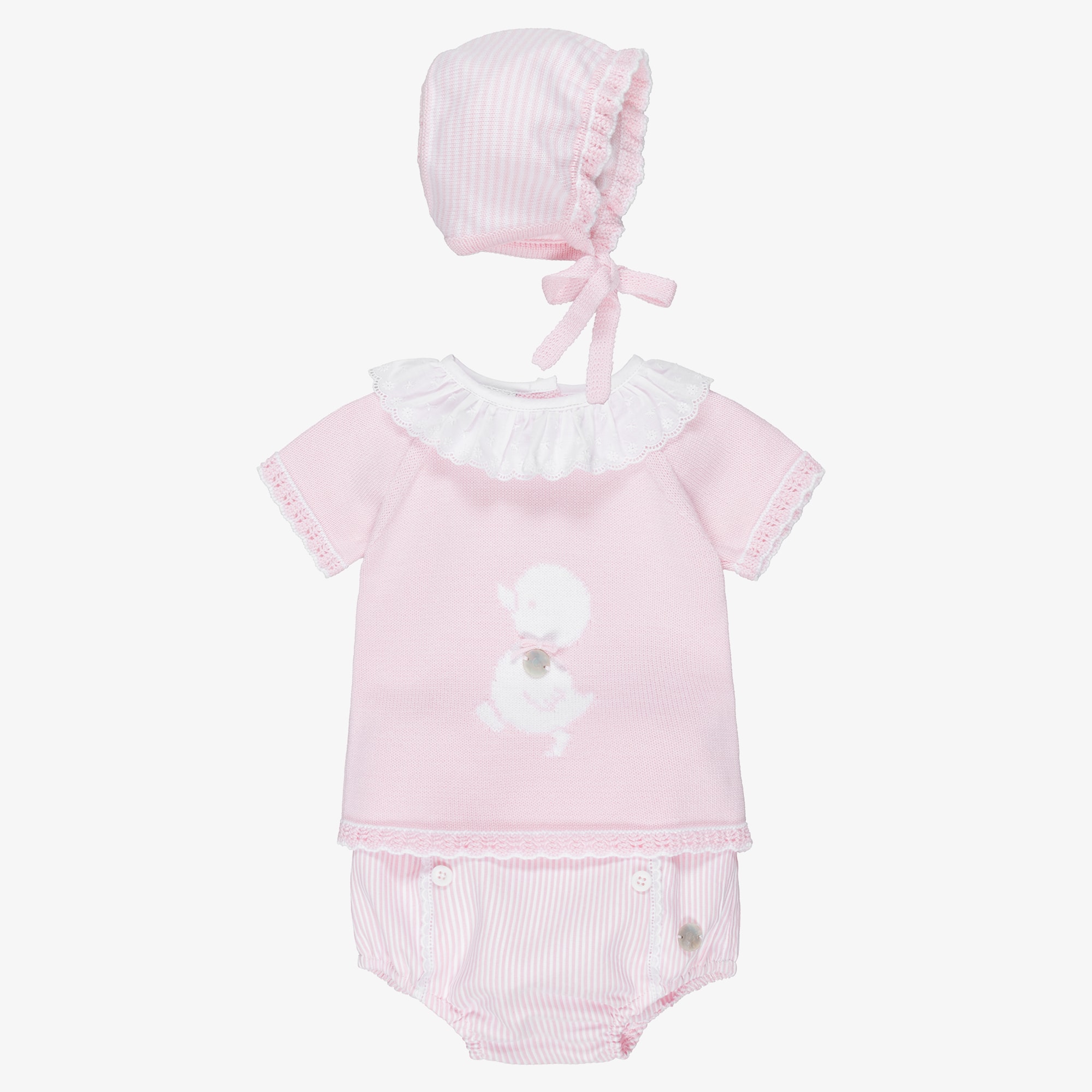 Baby Girls Pink Duck & Stripe Cotton Shorts Set - View 1