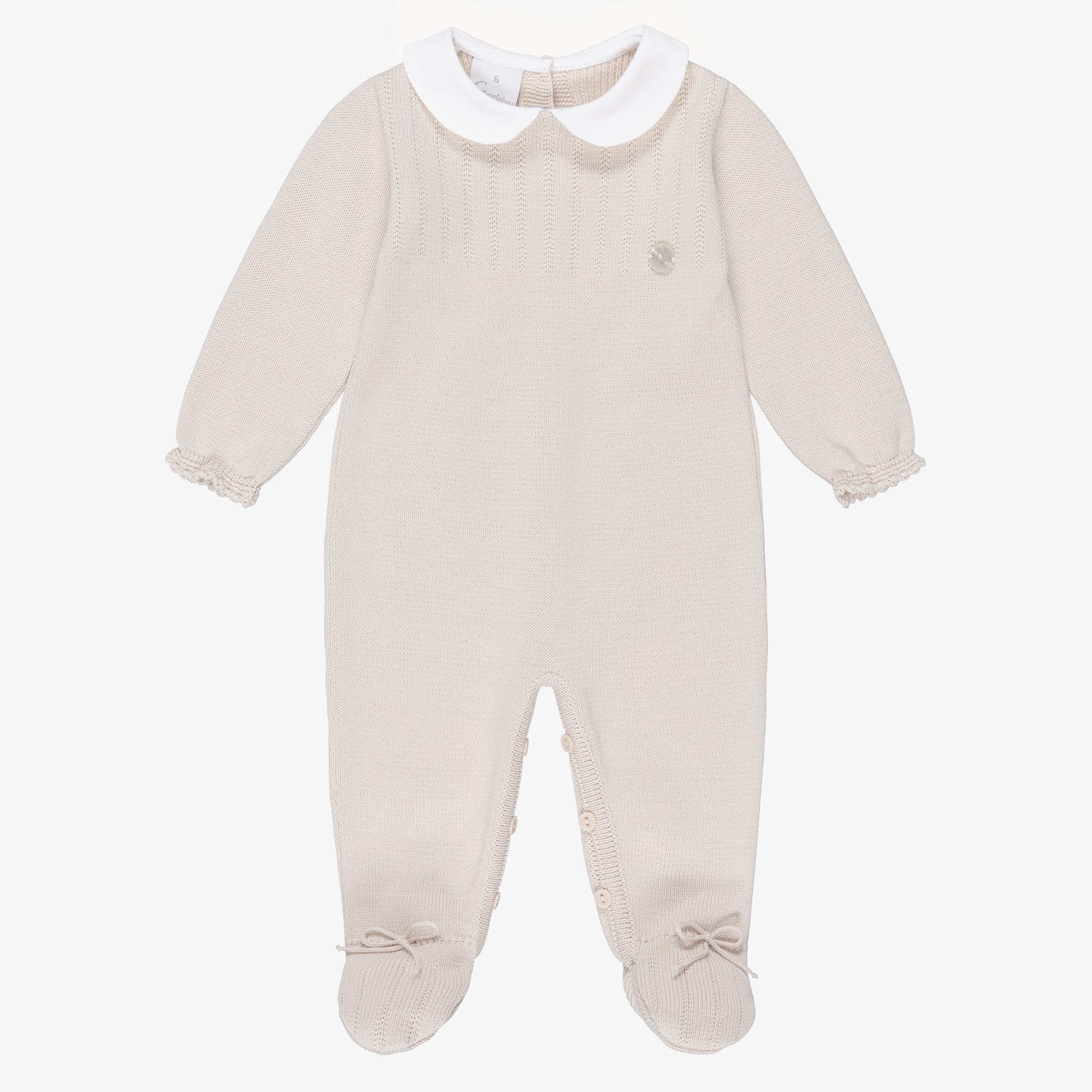 Beige Cotton Knit Babygrow with White Collar - View 1