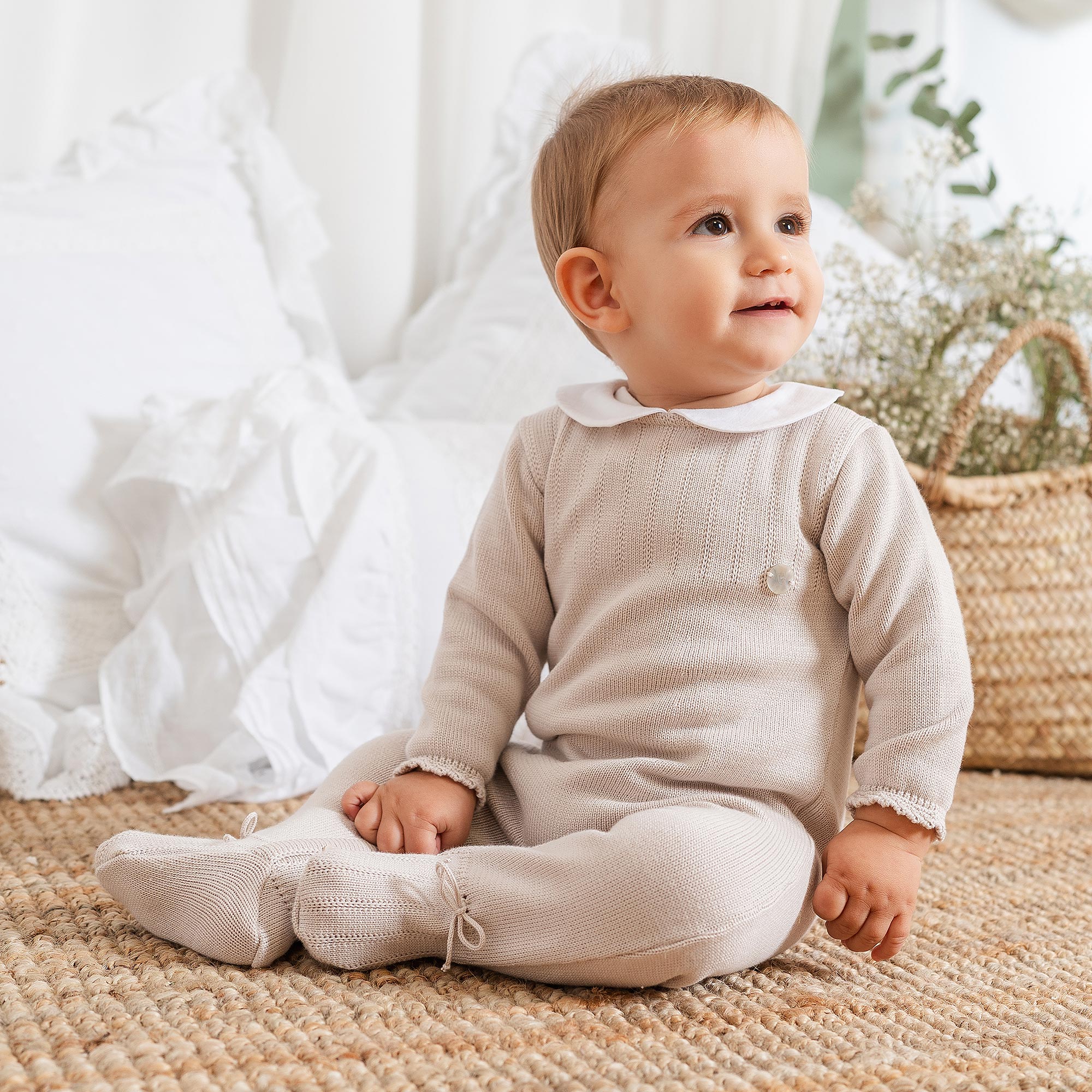 Beige Cotton Knit Babygrow with White Collar - View 2