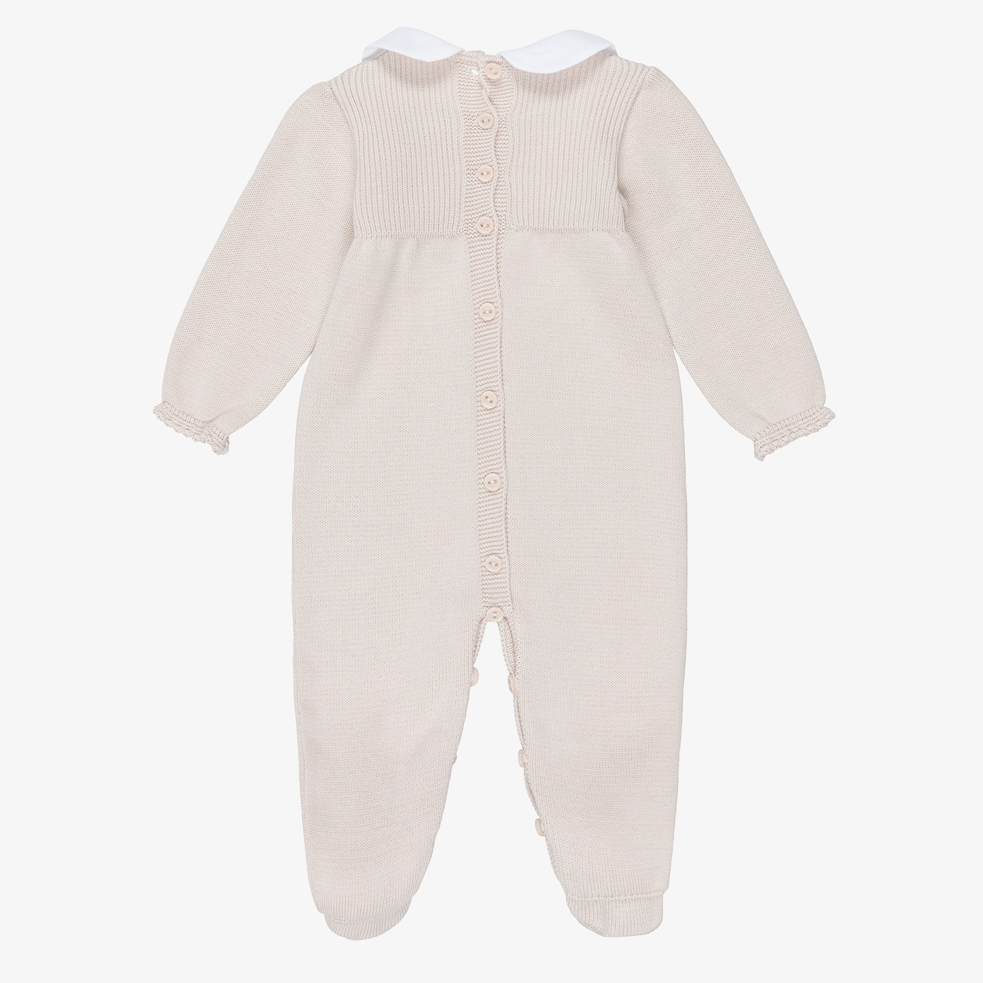 Beige Cotton Knit Babygrow with White Collar - View 3