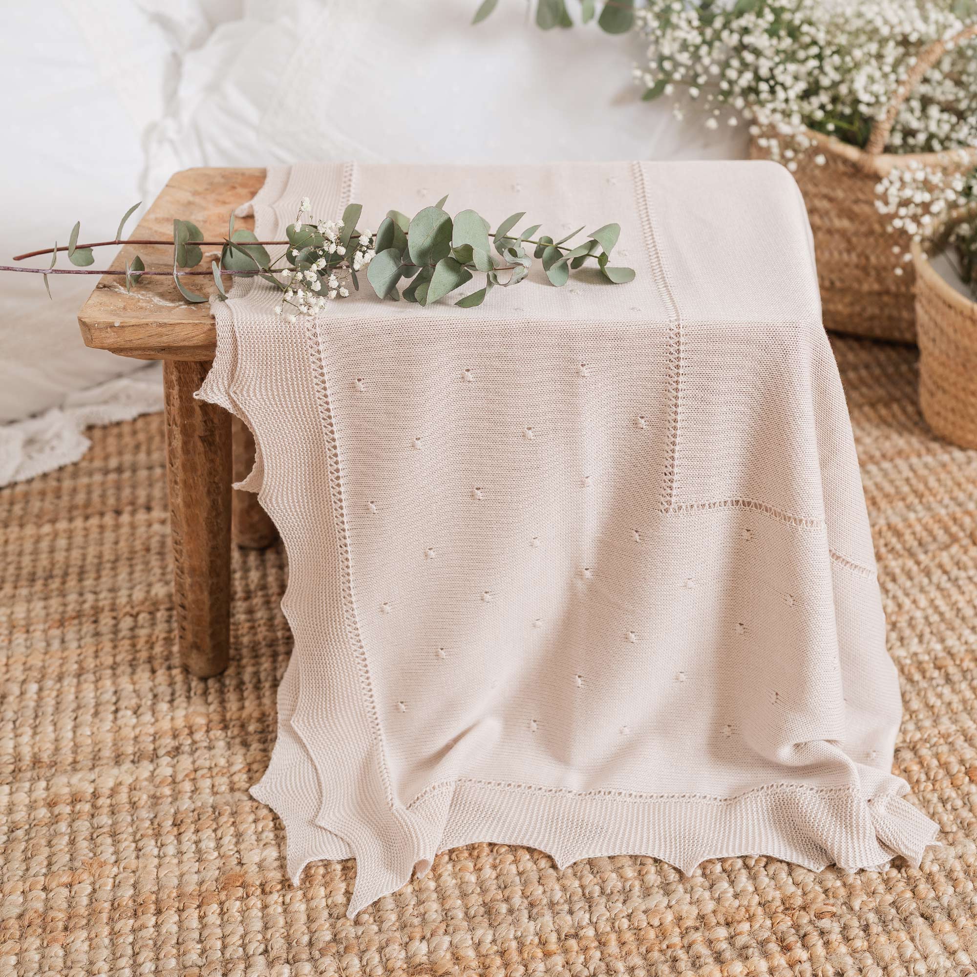 Beige Knitted Baby Shawl with Scalloped Edges (128cm) - View 2