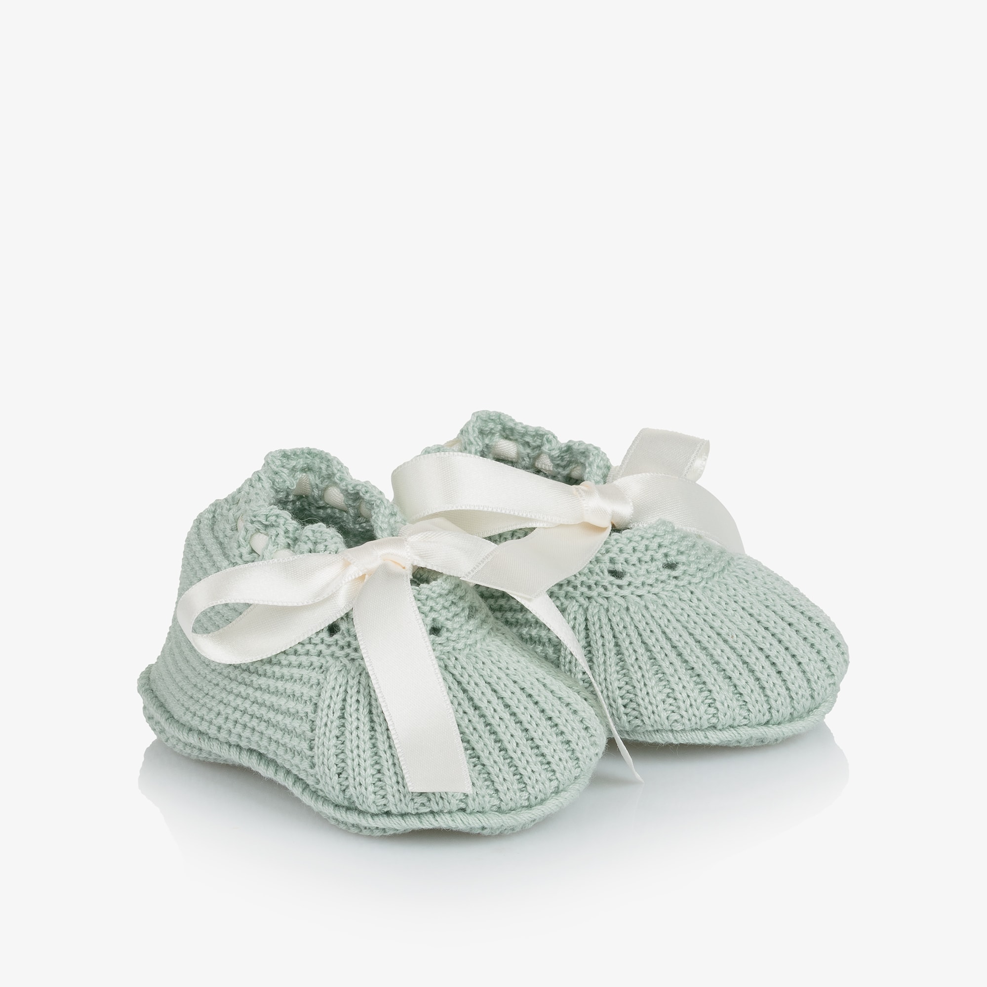 Pastel Green Knitted Booties with Satin Ties - View 1