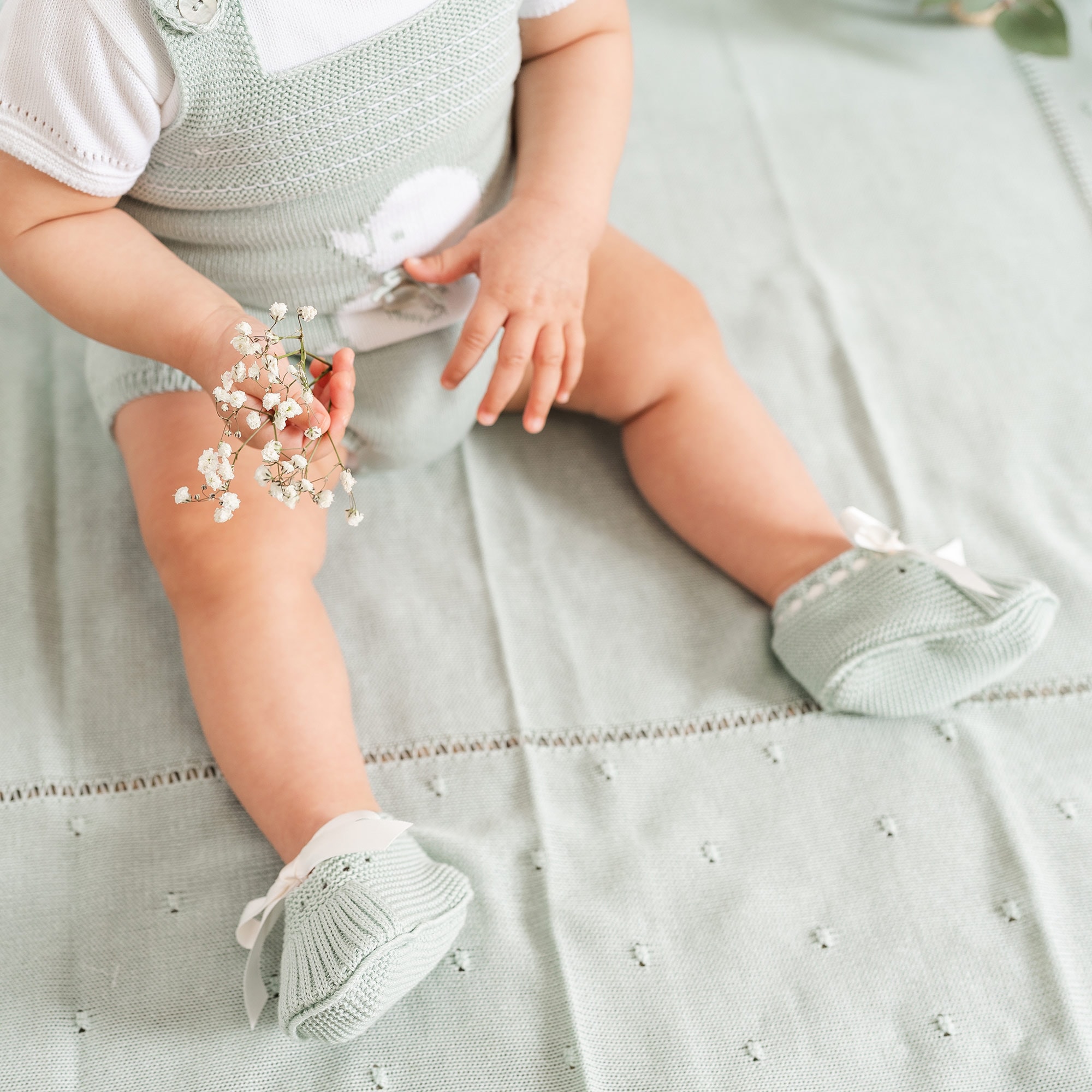 Pastel Green Knitted Booties with Satin Ties - View 2
