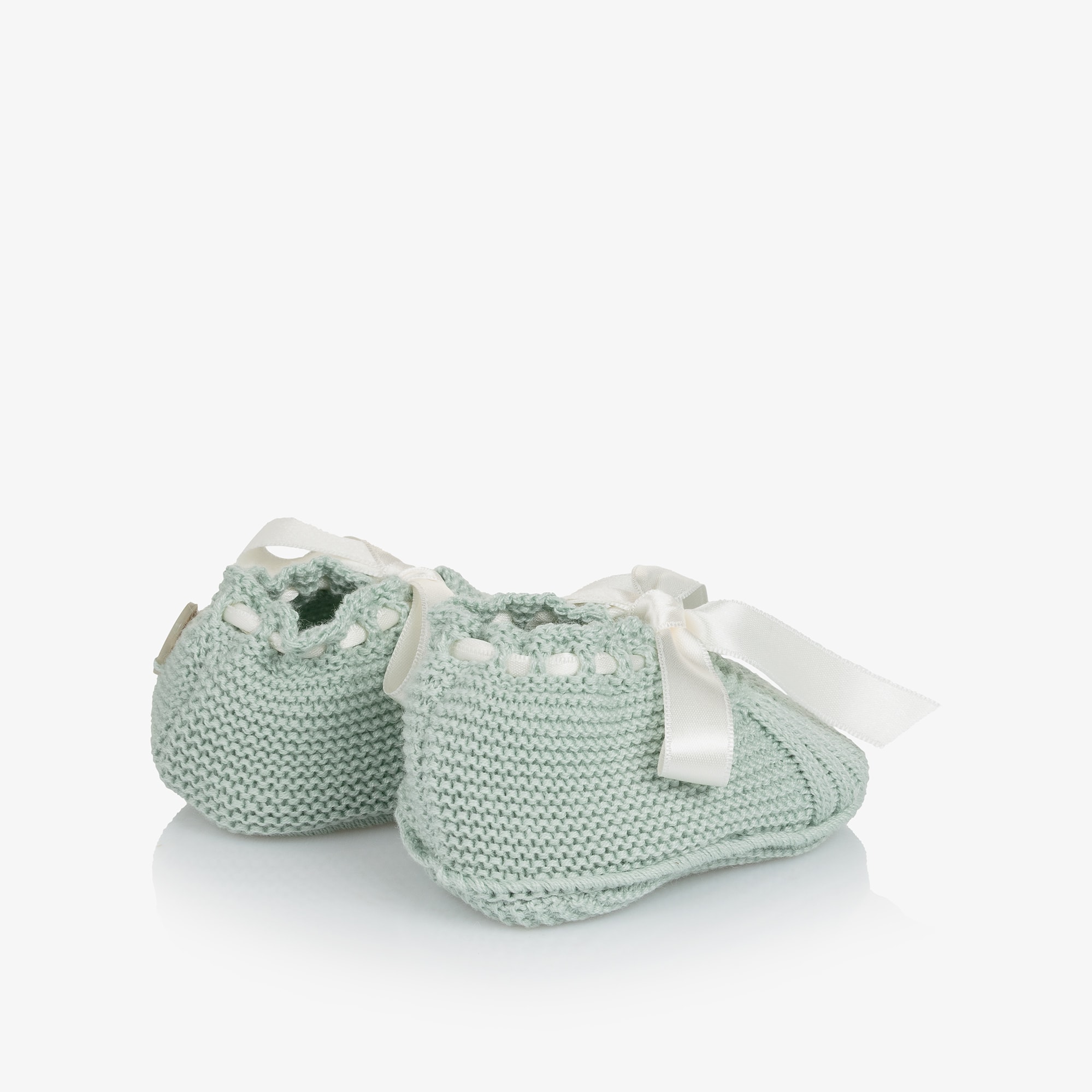 Pastel Green Knitted Booties with Satin Ties - View 3