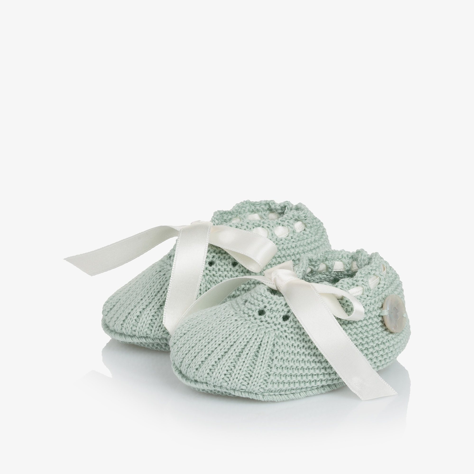 Pastel Green Knitted Booties with Satin Ties - View 4