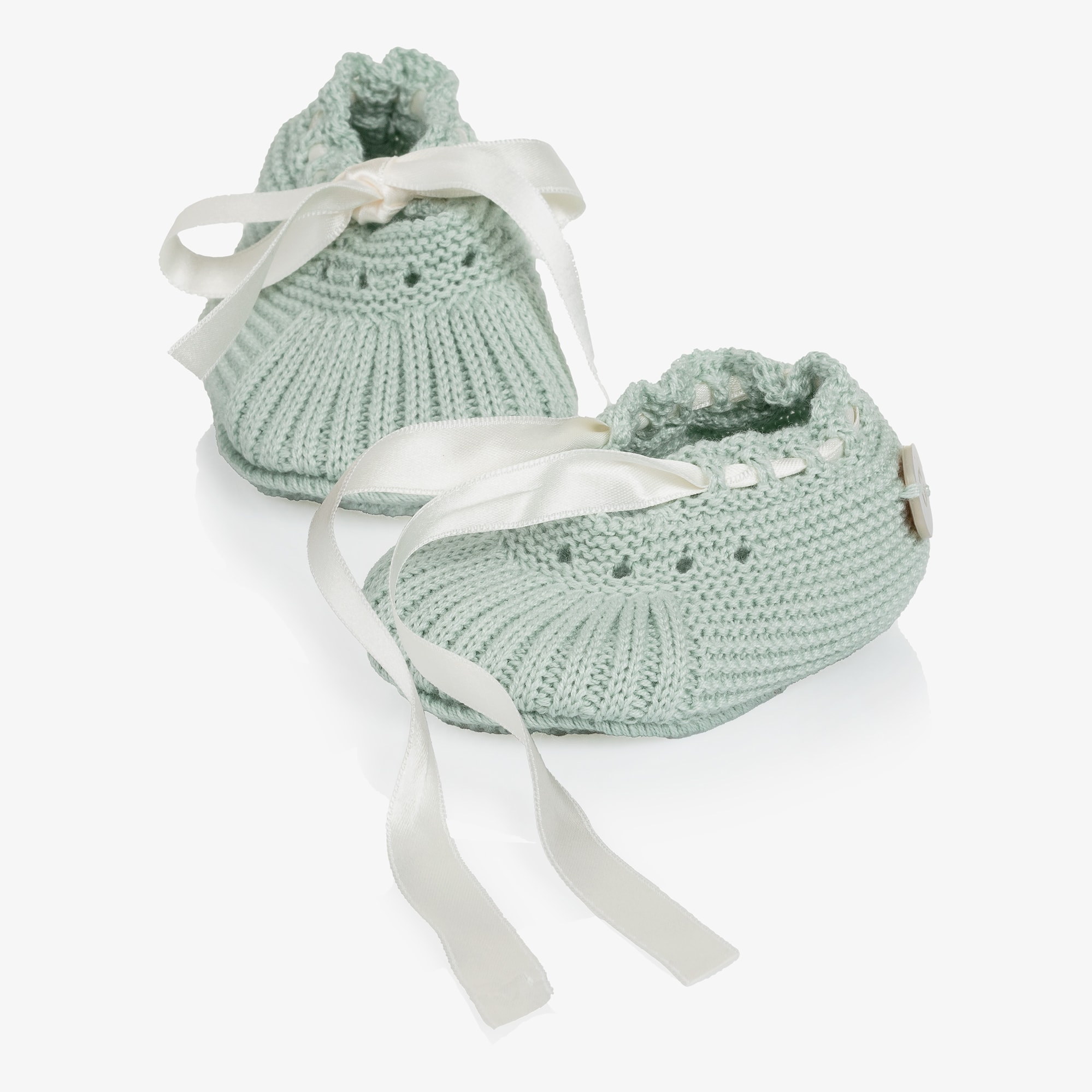 Pastel Green Knitted Booties with Satin Ties - View 6