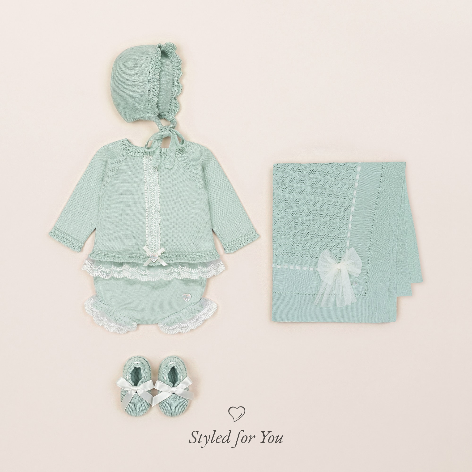 Pastel Green Knitted Booties with Satin Ties - View 7