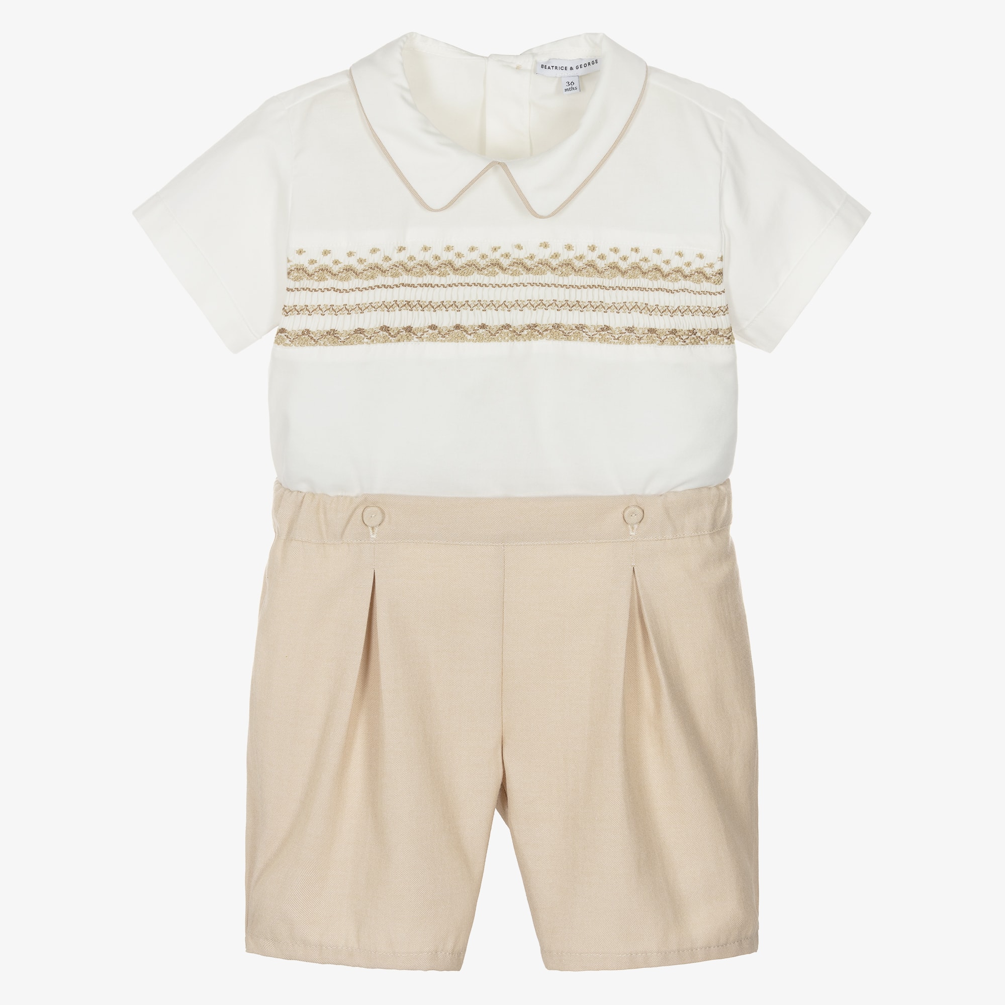 Boys Beige Hand-Smocked Cotton Buster Suit - View 1