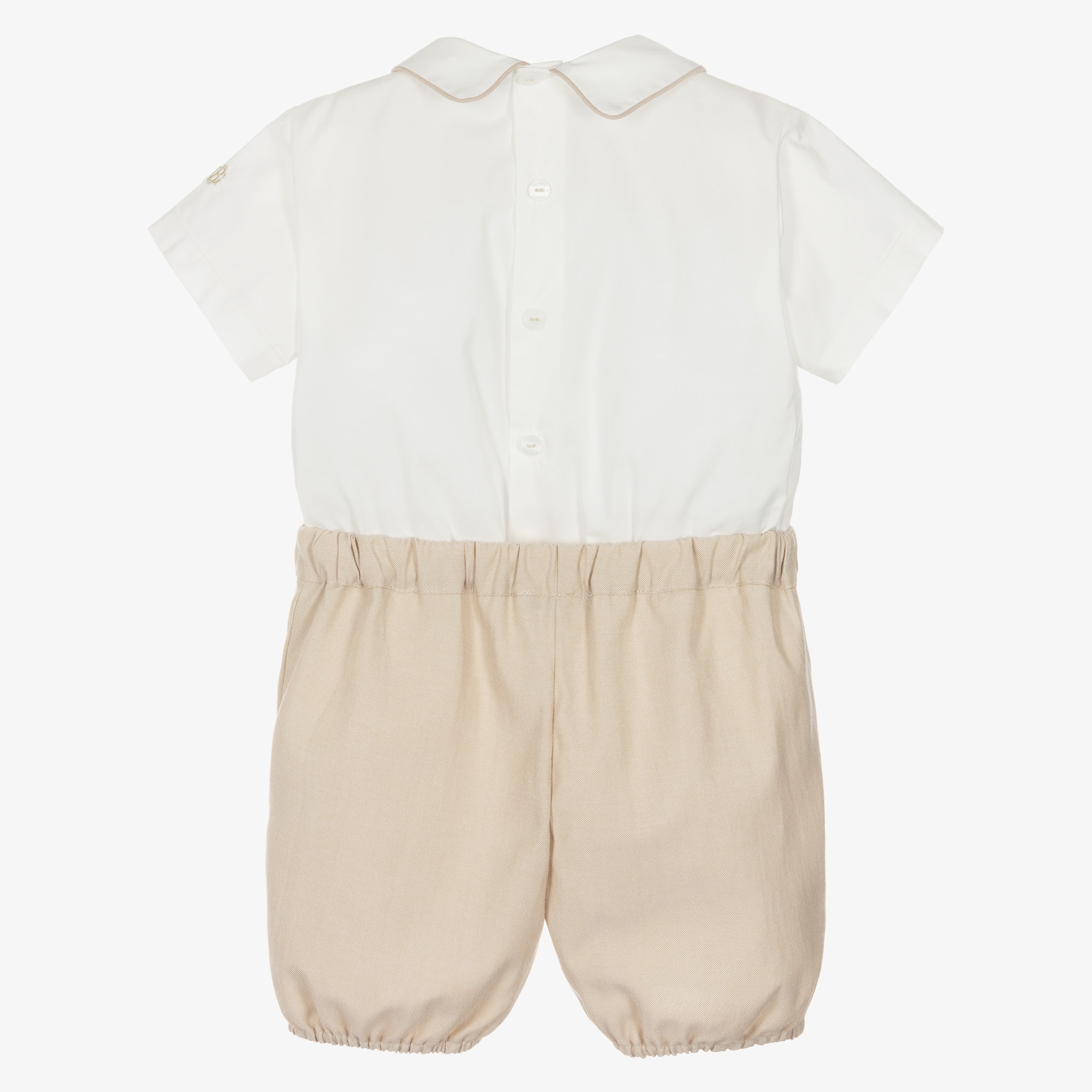 Boys Beige Hand-Smocked Cotton Buster Suit - View 2